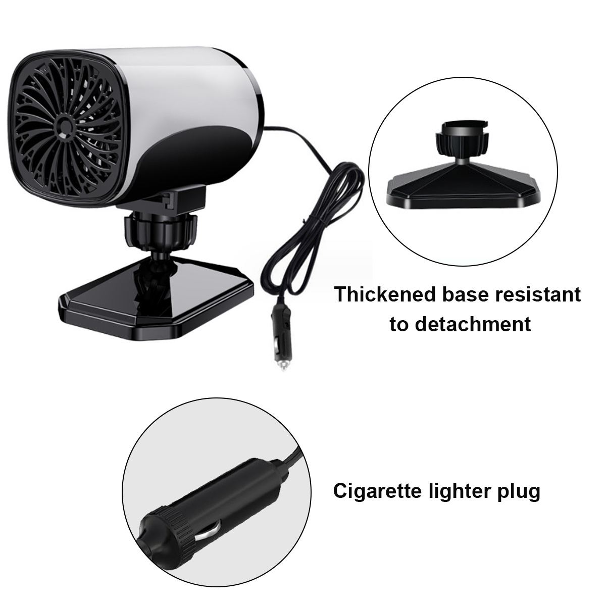 Ein Autoheizgerät mit schwarz-weißem Gehäuse, Sockel und Zigarettenanzünderstecker. Zusätzliche Details in Kreisen.
