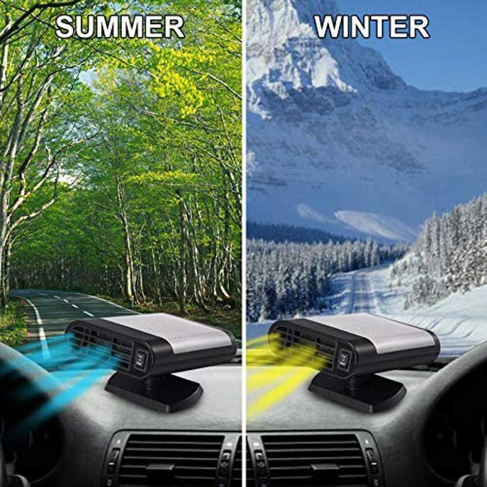 Ein Auto-Innenraum mit Sommer- und Winterszenen. Ein Gerät bläst blau für Sommer, gelb für Winter. Hintergrund: Wald/Berge.