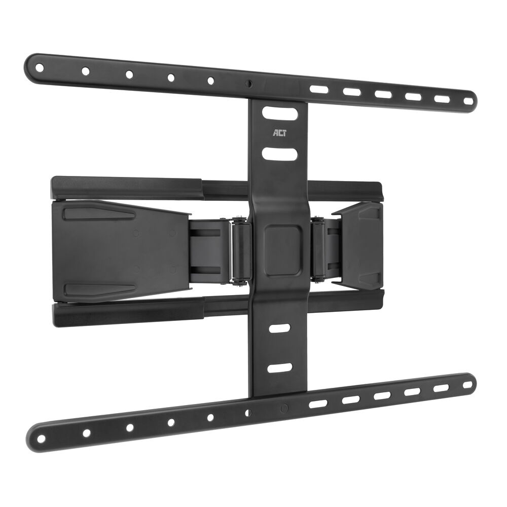 Eine schwarze TV-Wandhalterung aus Metall. Sie hat mehrere verstellbare Arme und Befestigungspunkte. Die Marke 'ACT' ist sichtbar.