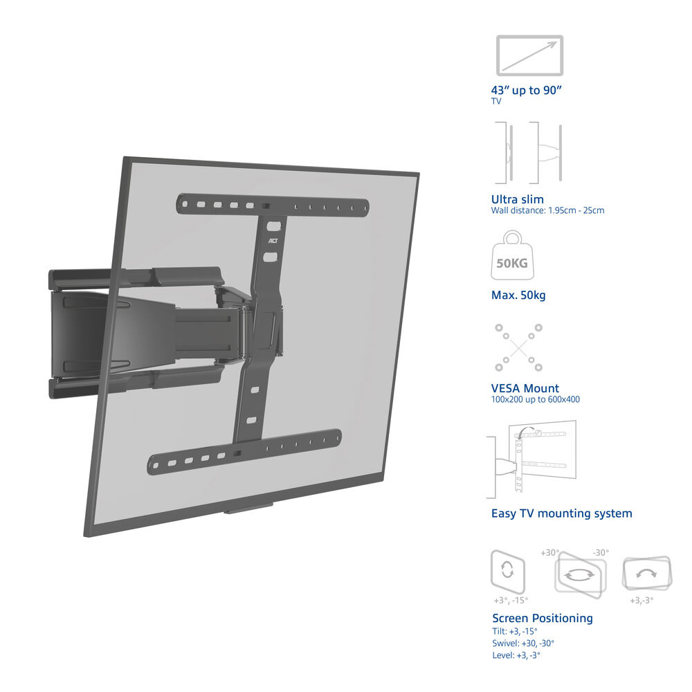 Eine TV-Wandhalterung mit Spezifikationen: 43"-90" TV, ultraschlank, max. 50 kg, VESA-Halterung, einfache Montage, Bildschirmpositionierung.