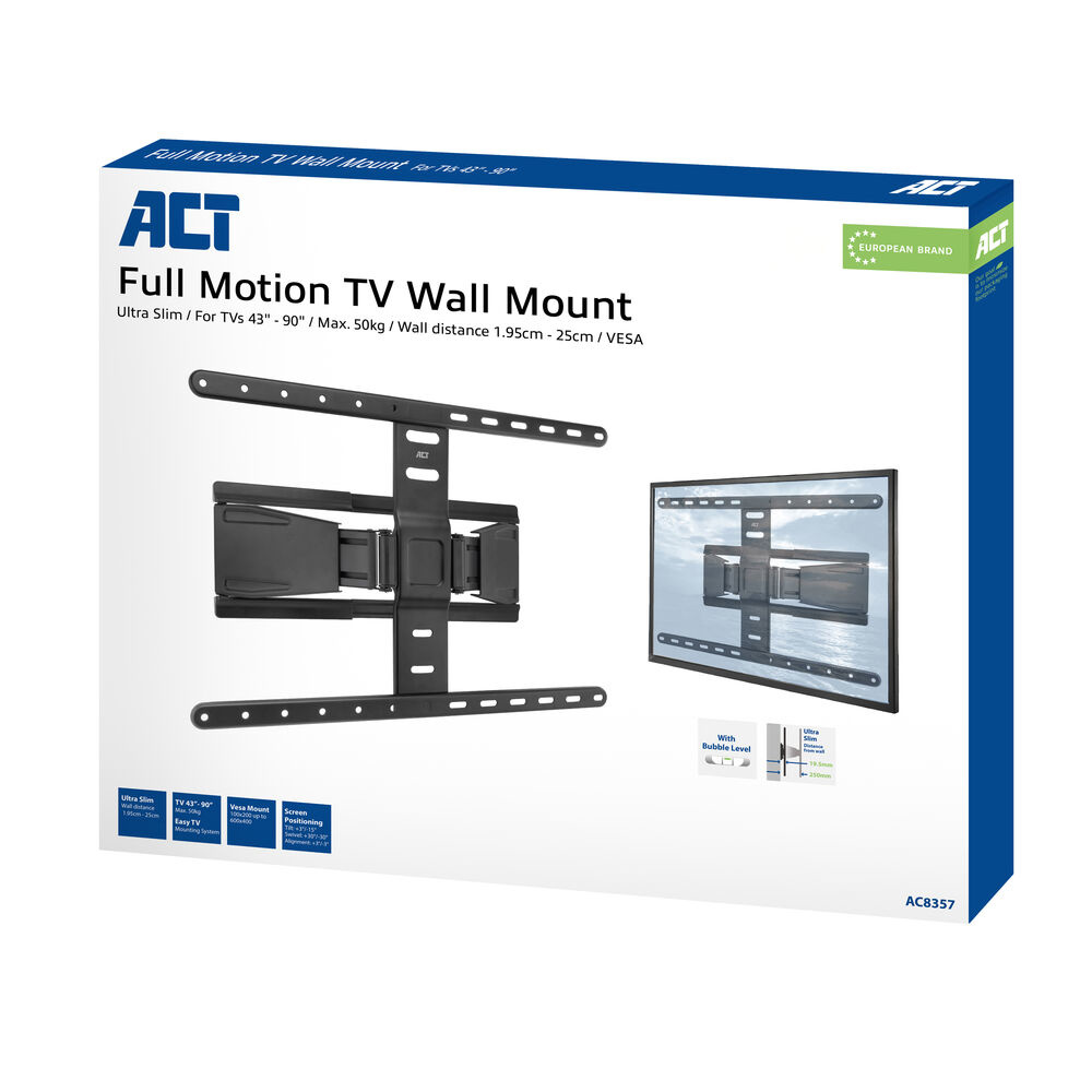 Eine Box für eine TV-Wandhalterung. Sie zeigt die Halterung und einen montierten Fernseher. Text: 'Full Motion TV Wall Mount' und 'European Brand'.