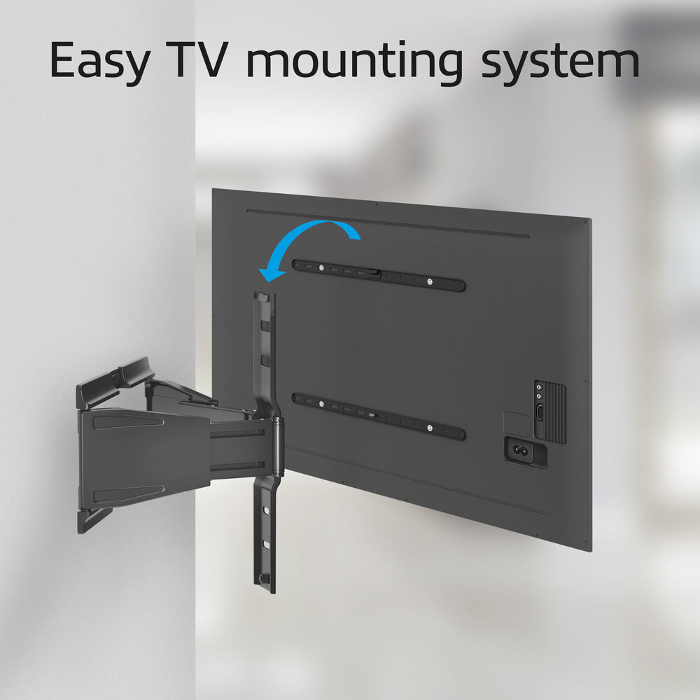 Ein TV-Montagesystem wird angezeigt. Ein schwarzer Fernseher ist mit einer schwarzen Halterung an einer Wand befestigt.