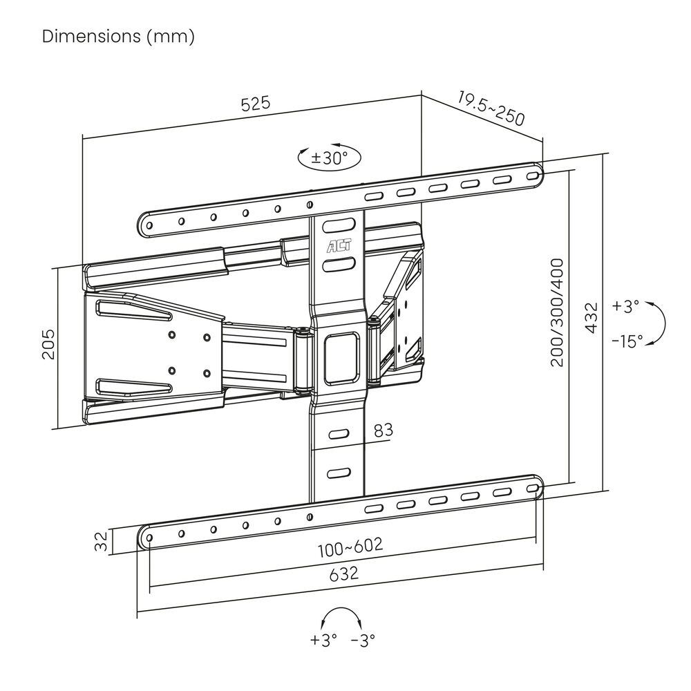 Diagramm einer schwarzen TV-Wandhalterung mit Maßangaben und Winkeln in Millimetern.