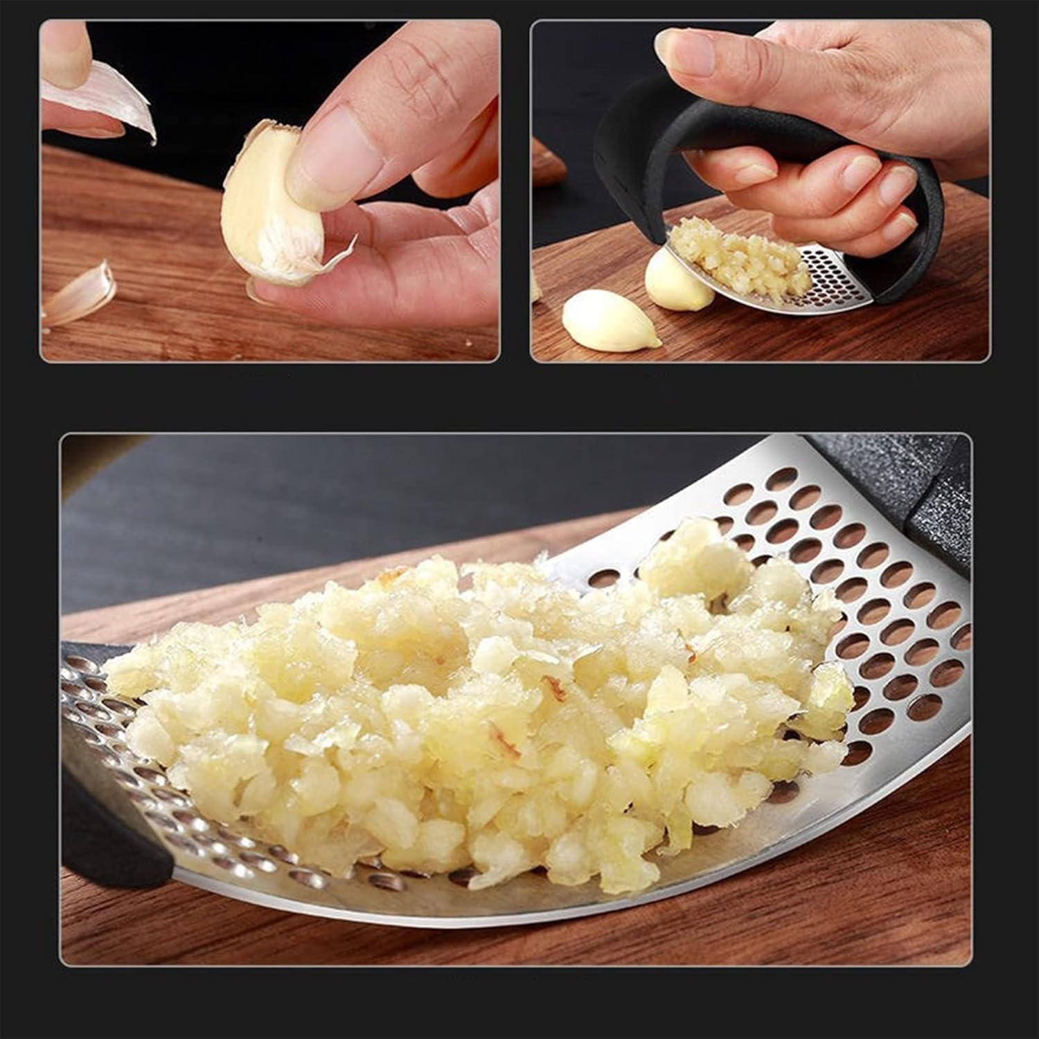 Das Bild zeigt, wie Knoblauch geschält und mit einer Knoblauchpresse gepresst wird. Der gepresste Knoblauch ist sichtbar. Holzoberfläche.