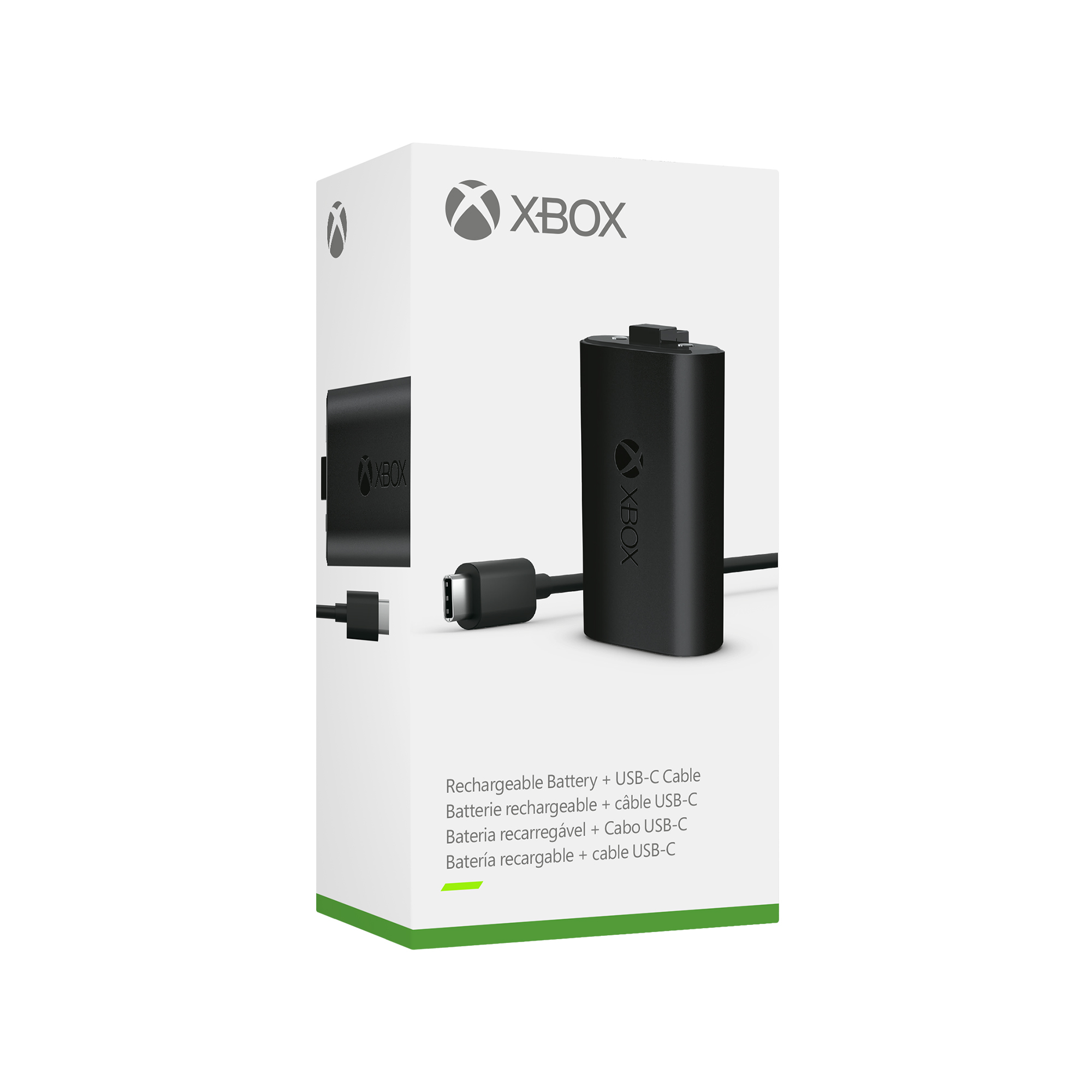 Akumulator Xbox w białym pudełku. Zawiera czarną baterię, kabel USB-C i logo Xbox.