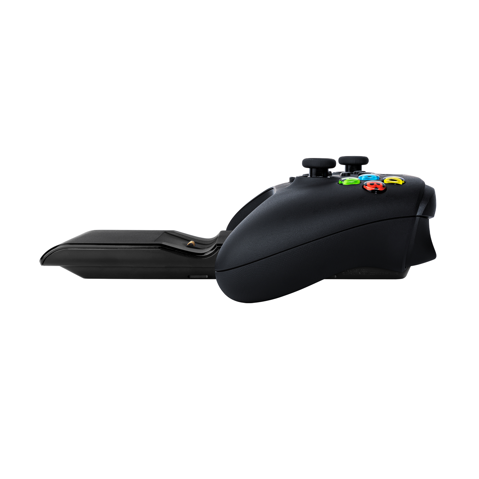 Czarny kontroler Xbox z kolorowymi przyciskami i stacją ładującą na białym tle.