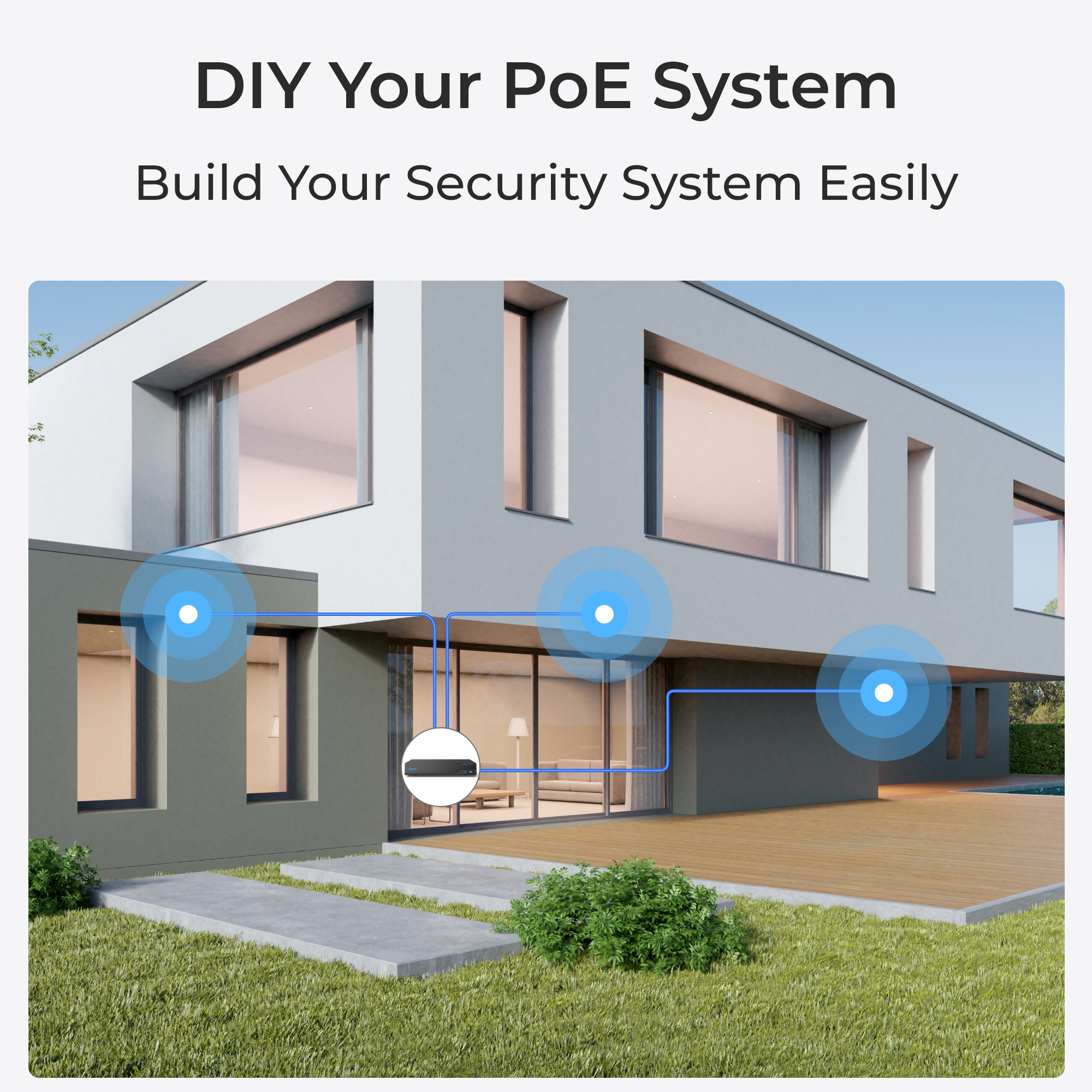 Das Bild zeigt ein Haus mit blauen Linien, die ein Sicherheitssystem anzeigen. Der Text lautet: DIY Ihr PoE-System, Bauen Sie Ihr Sicherheitssystem einfach.