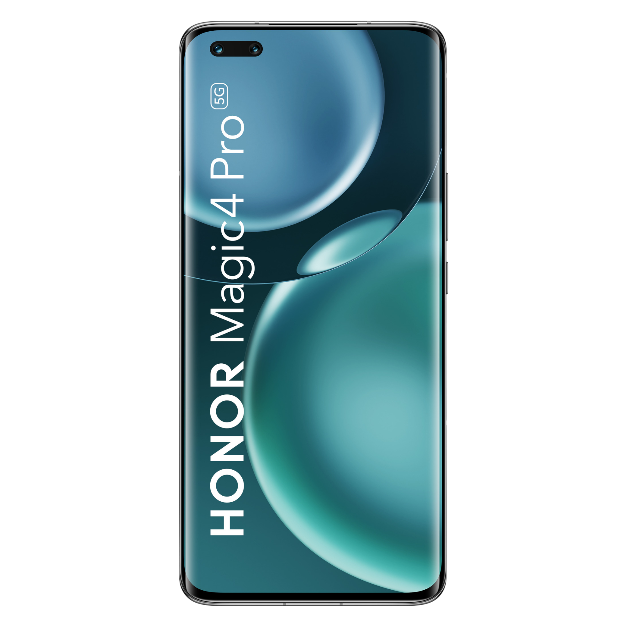 Das Telefon zeigt ein blau-grünes Farbverlaufsdisplay. Es ist ein Honor Magic 4 Pro 5G auf schwarzem Hintergrund.