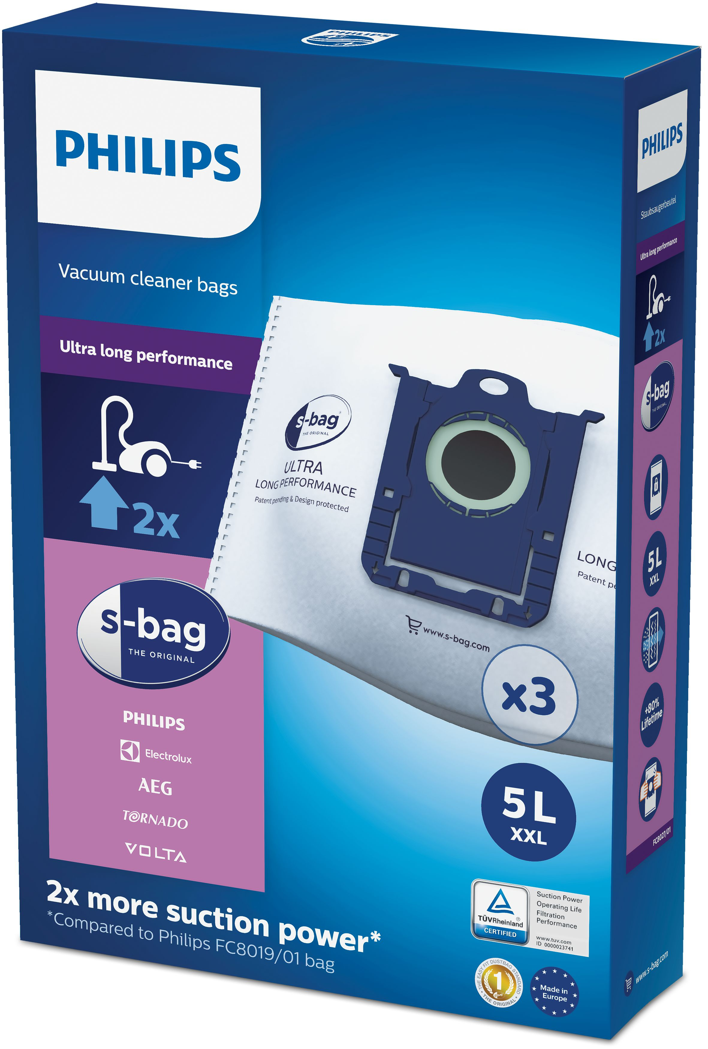 Eine Philips s-bag Staubsaugerbeutelverpackung. Die Schachtel ist blau und enthält Details und Markennamen.