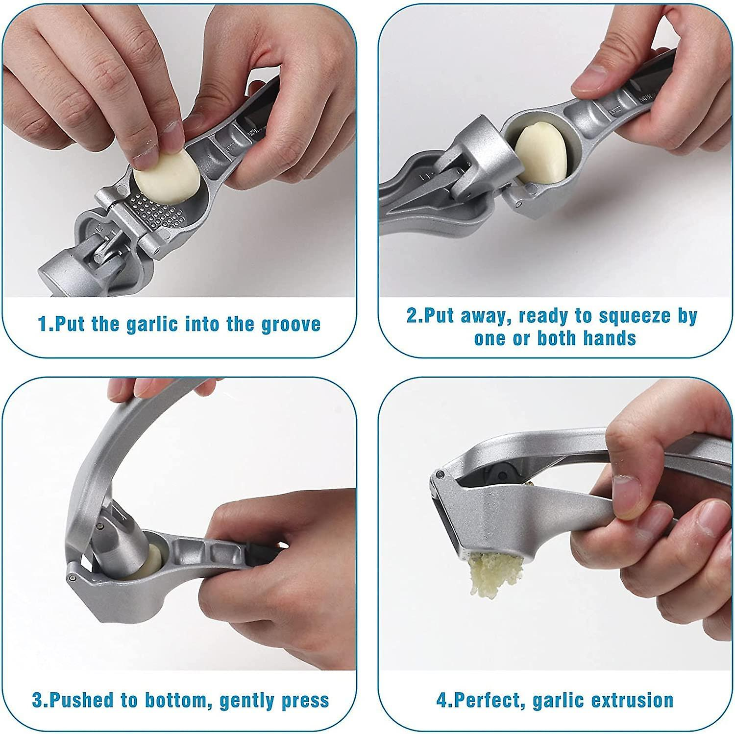Schritte des Knoblauchpressens mit einer Knoblauchpresse. Knoblauchzehe in die Presse gelegt, gepresst und extrudiert.