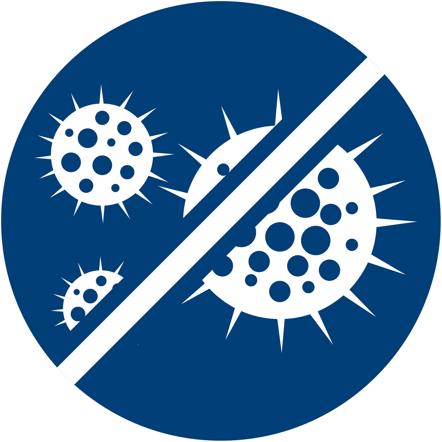 Niebieskie koło z białymi ikonami wirusów. Biała przekątna przecina koło, wskazując zakaz. Obraz dotyczy zapobiegania wirusom.