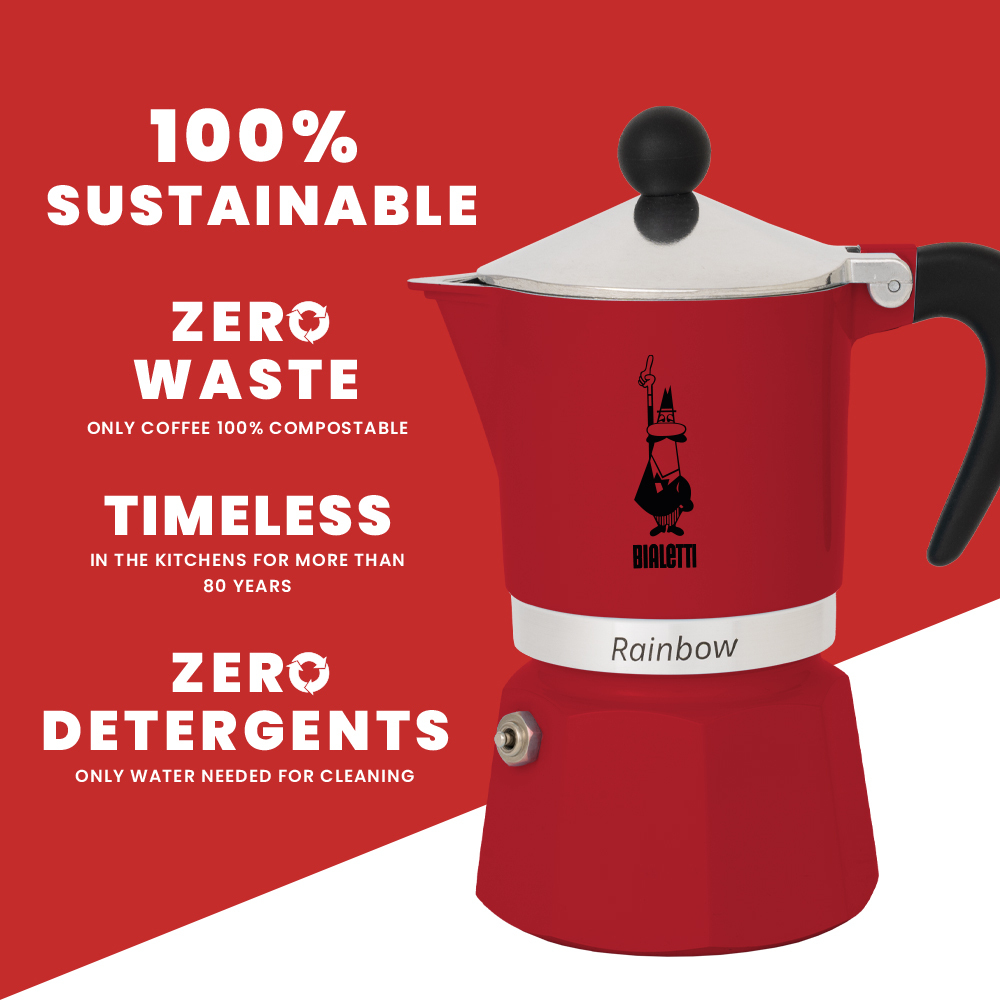 Czerwony ekspres do kawy Bialetti z czarnym uchwytem i pokrywką. Biały tekst podkreśla zrównoważony rozwój, zero odpadów, ponadczasowy i zero detergentów.