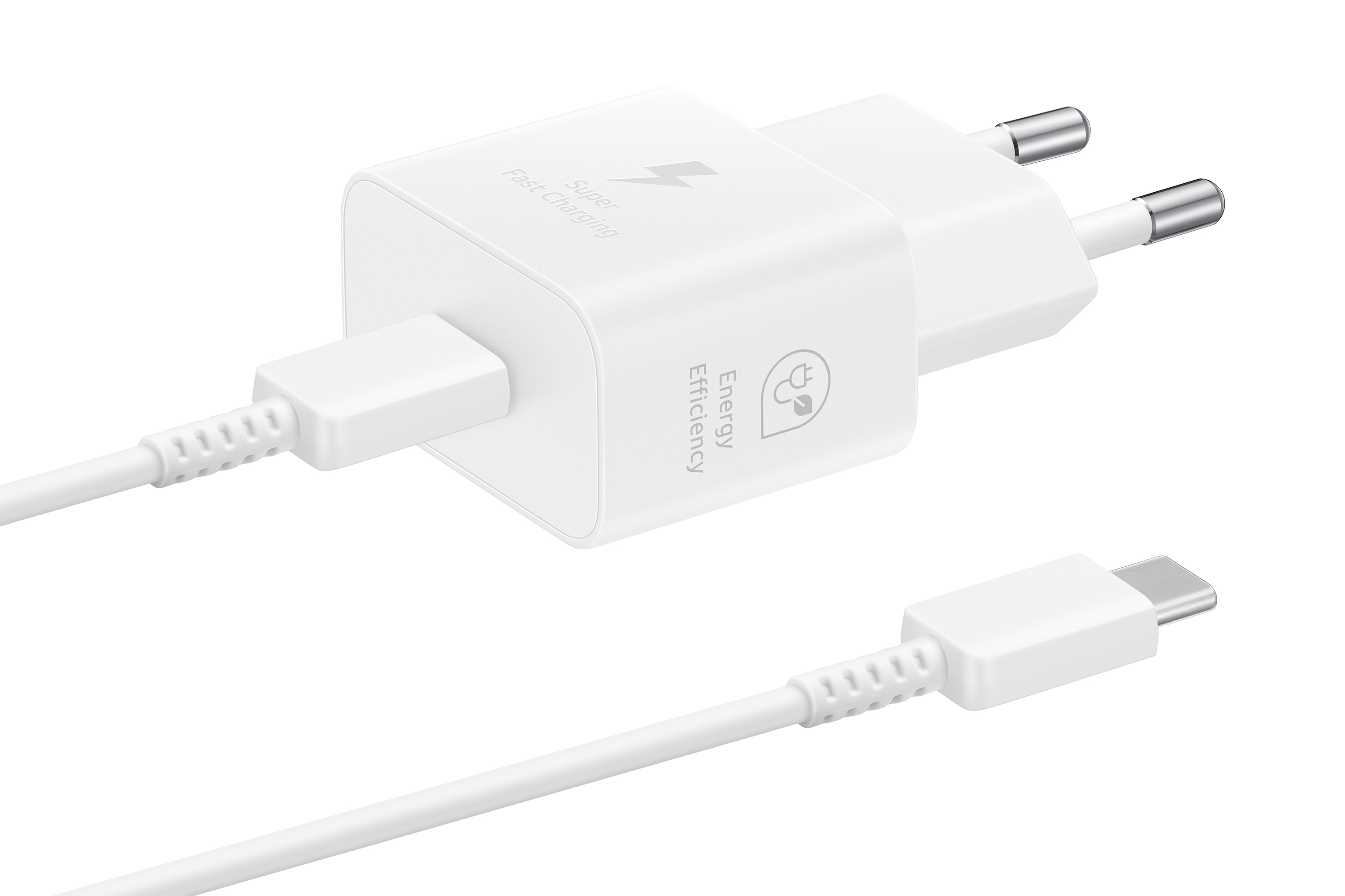 White Samsung charger with attached cable and USB-C connector. Has Super Fast Charging and Energy Efficiency labels.