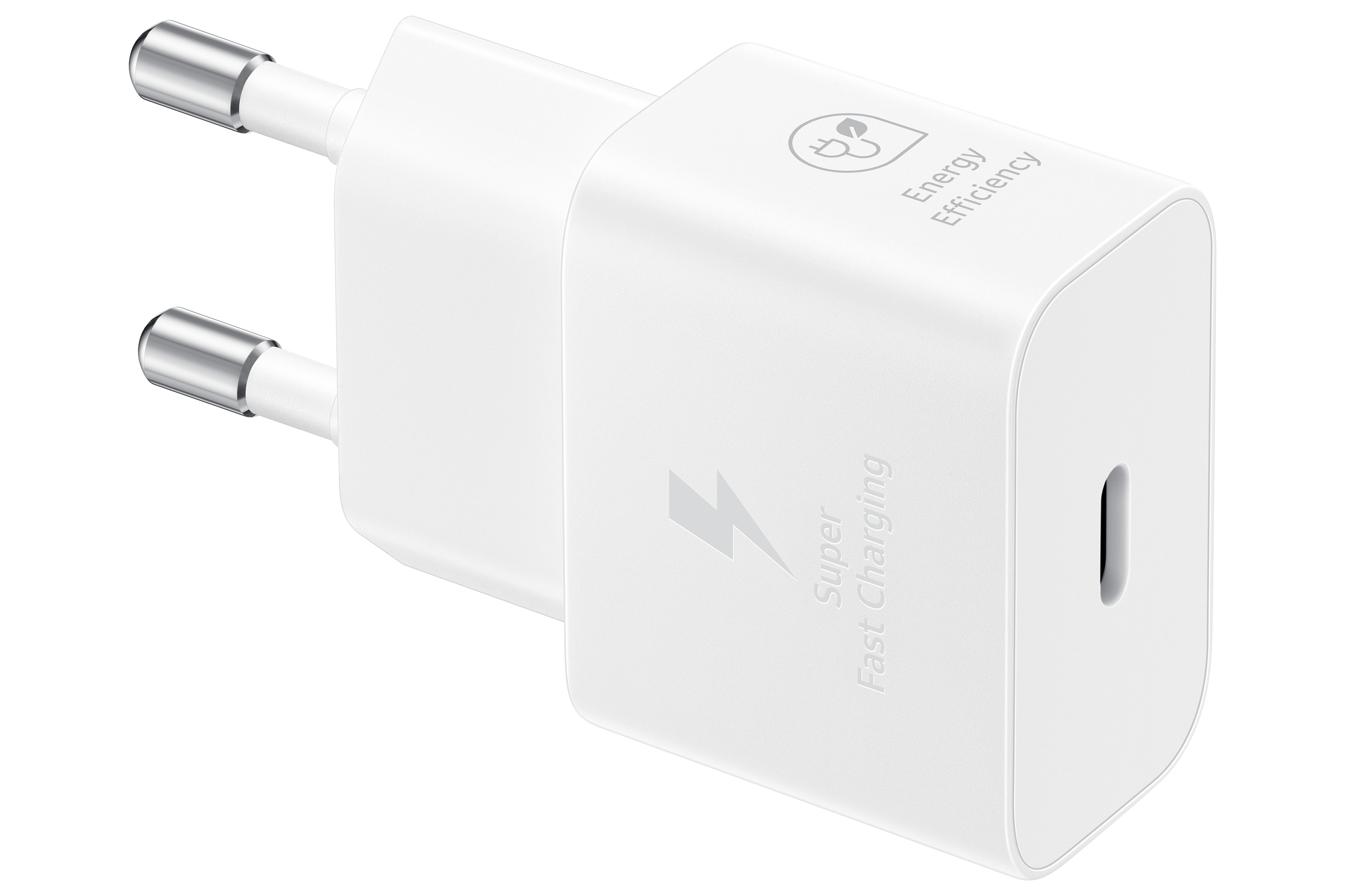 A white phone charger with two silver prongs. It has a USB-C port and text indicating fast charging.