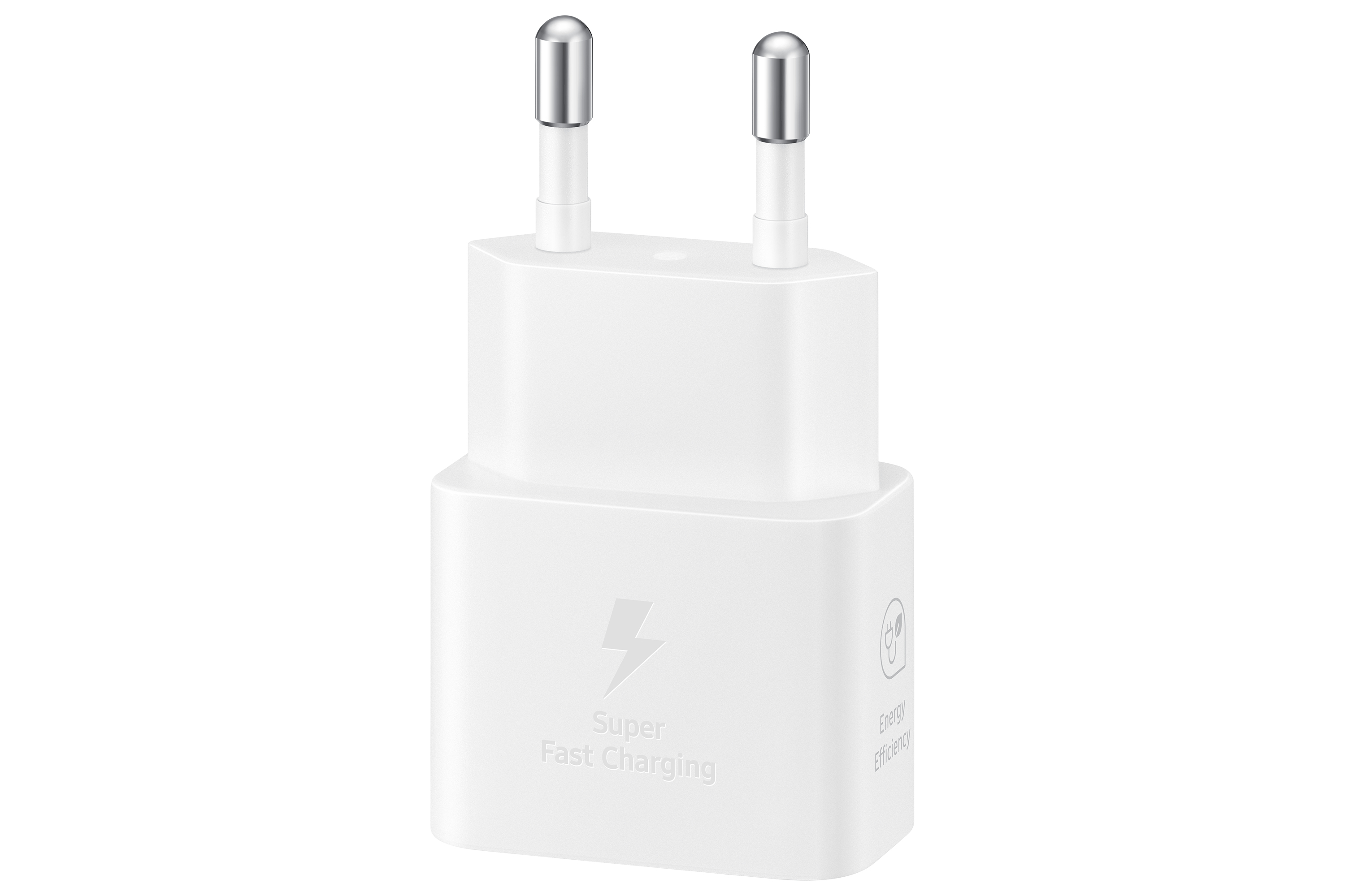 A white phone charger with silver prongs. It has a lightning bolt symbol and reads 'Super Fast Charging'.