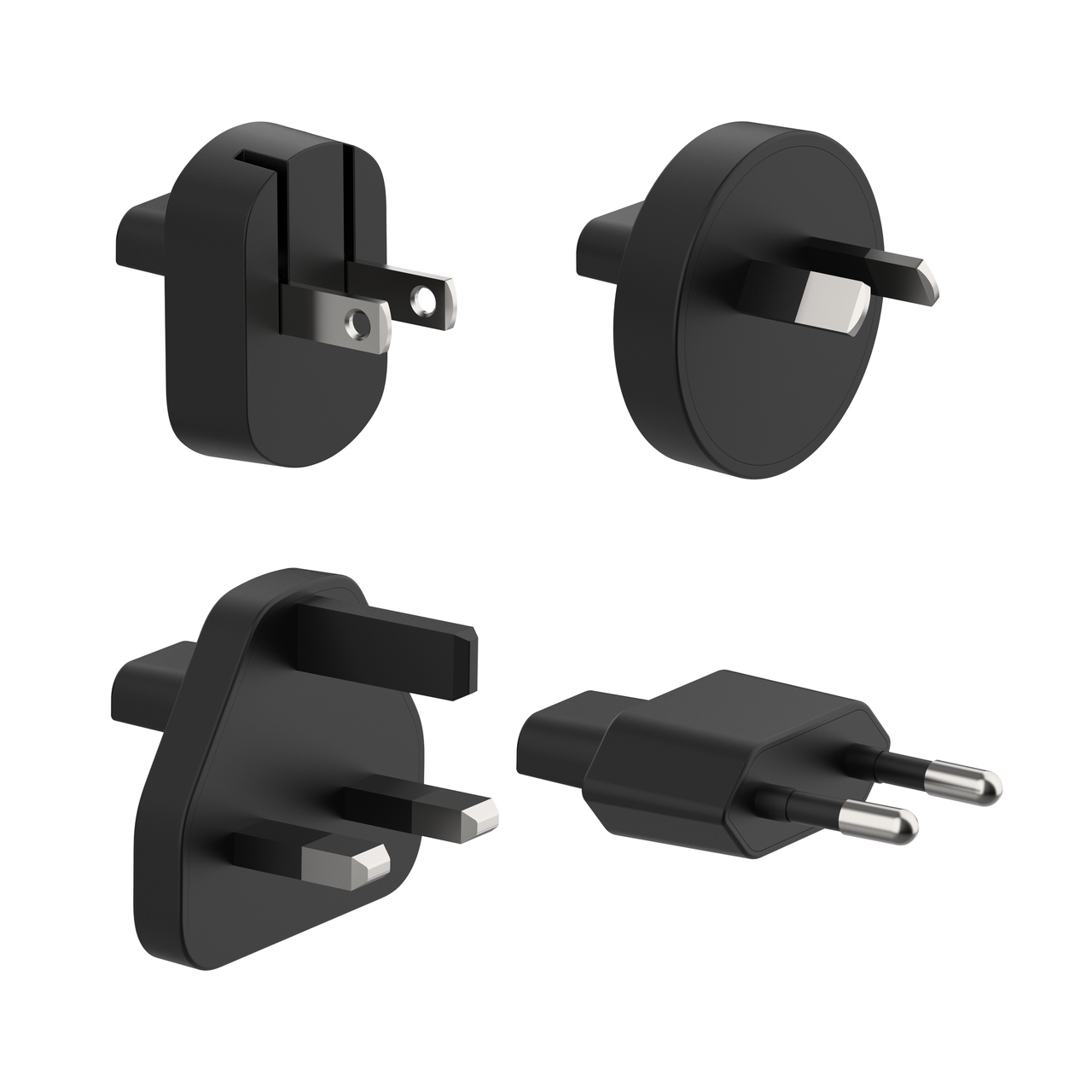 Quattro spine elettriche nere. Diversi design con due o tre pin e corpi rotondi o piatti, isolati su sfondo bianco.