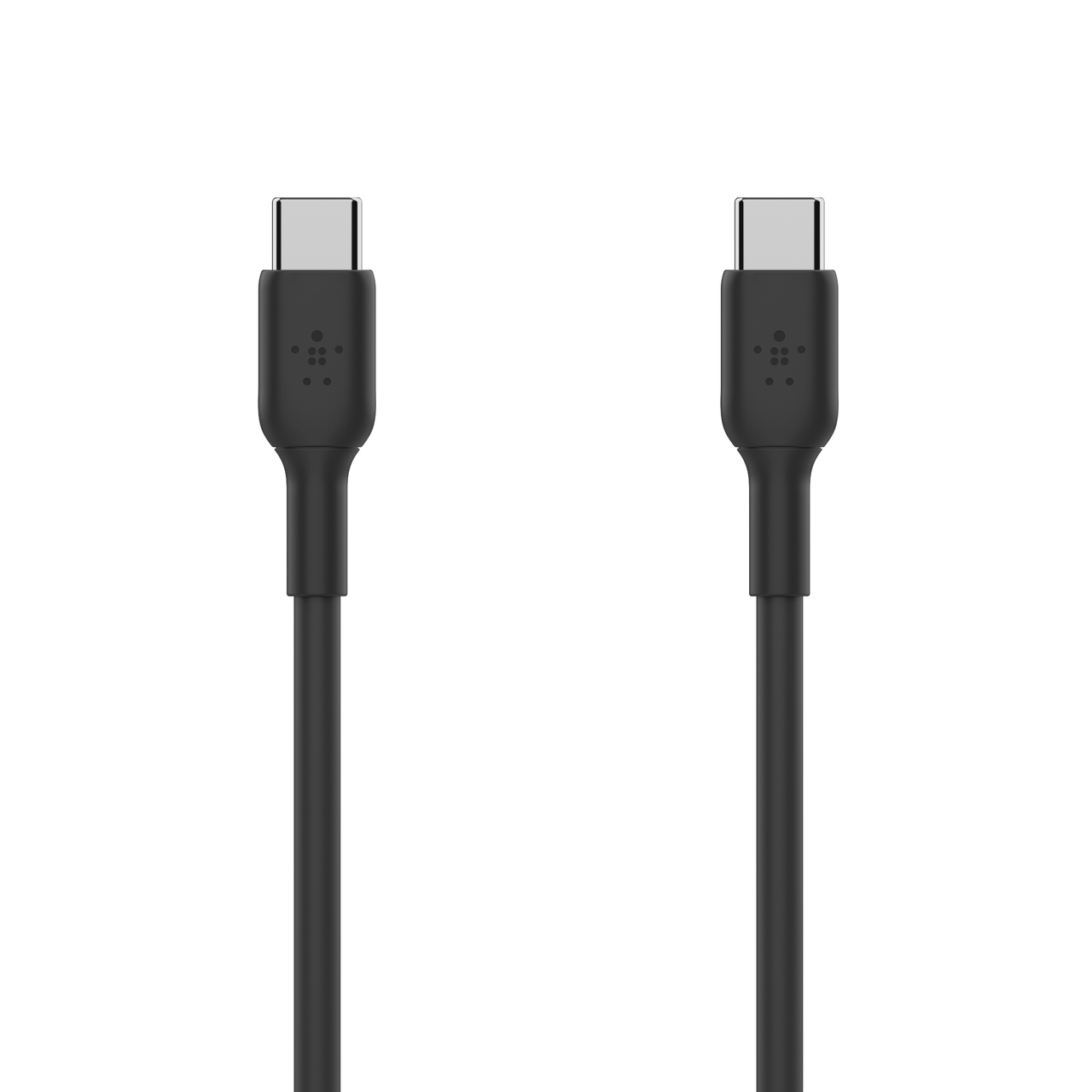 Due cavi USB-C neri su sfondo bianco. Ogni cavo ha un connettore argentato rettangolare e un logo Belkin.