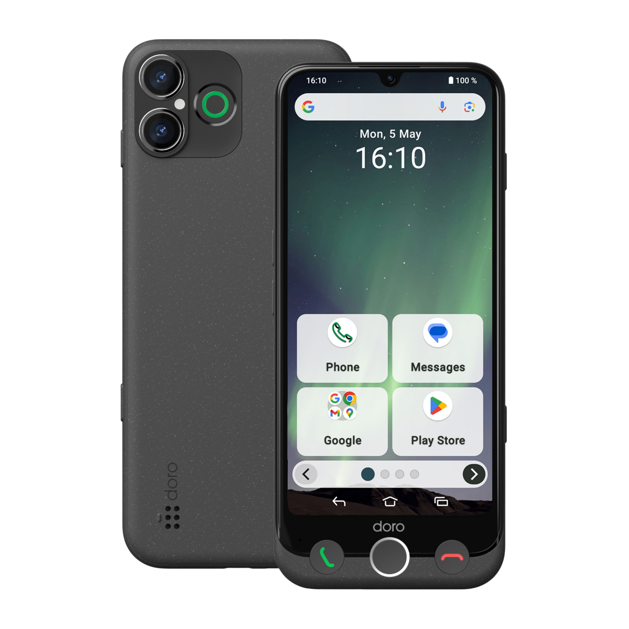 Smartfon Doro z ciemnoszarą obudową, pokazujący ekran główny z ikonami aplikacji i godziną.