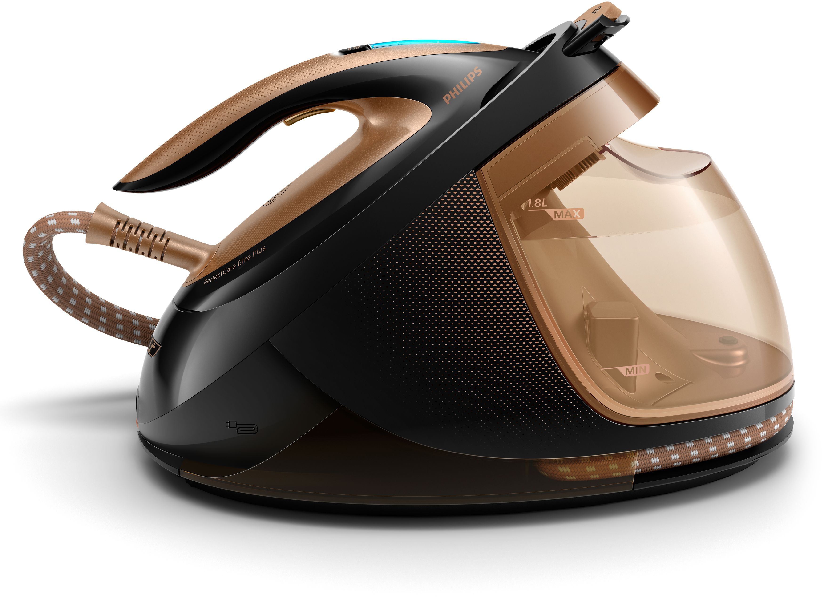 Un fer à repasser Philips avec un design marron et noir. Il possède un réservoir d'eau et un cordon avec une housse à motifs.