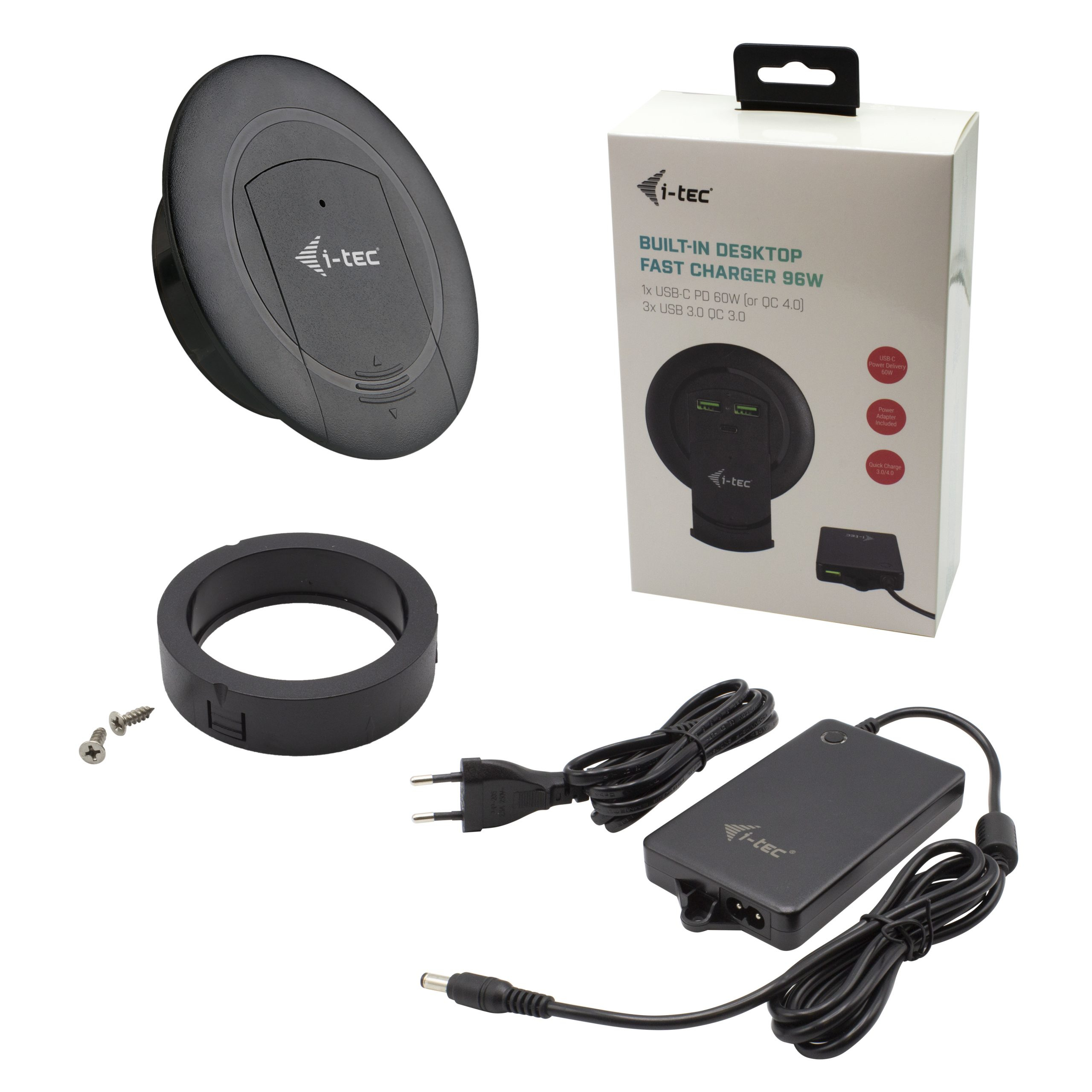 Ensemble de chargeur de bureau noir, avec composants, boîte et adaptateur secteur, sur fond blanc.