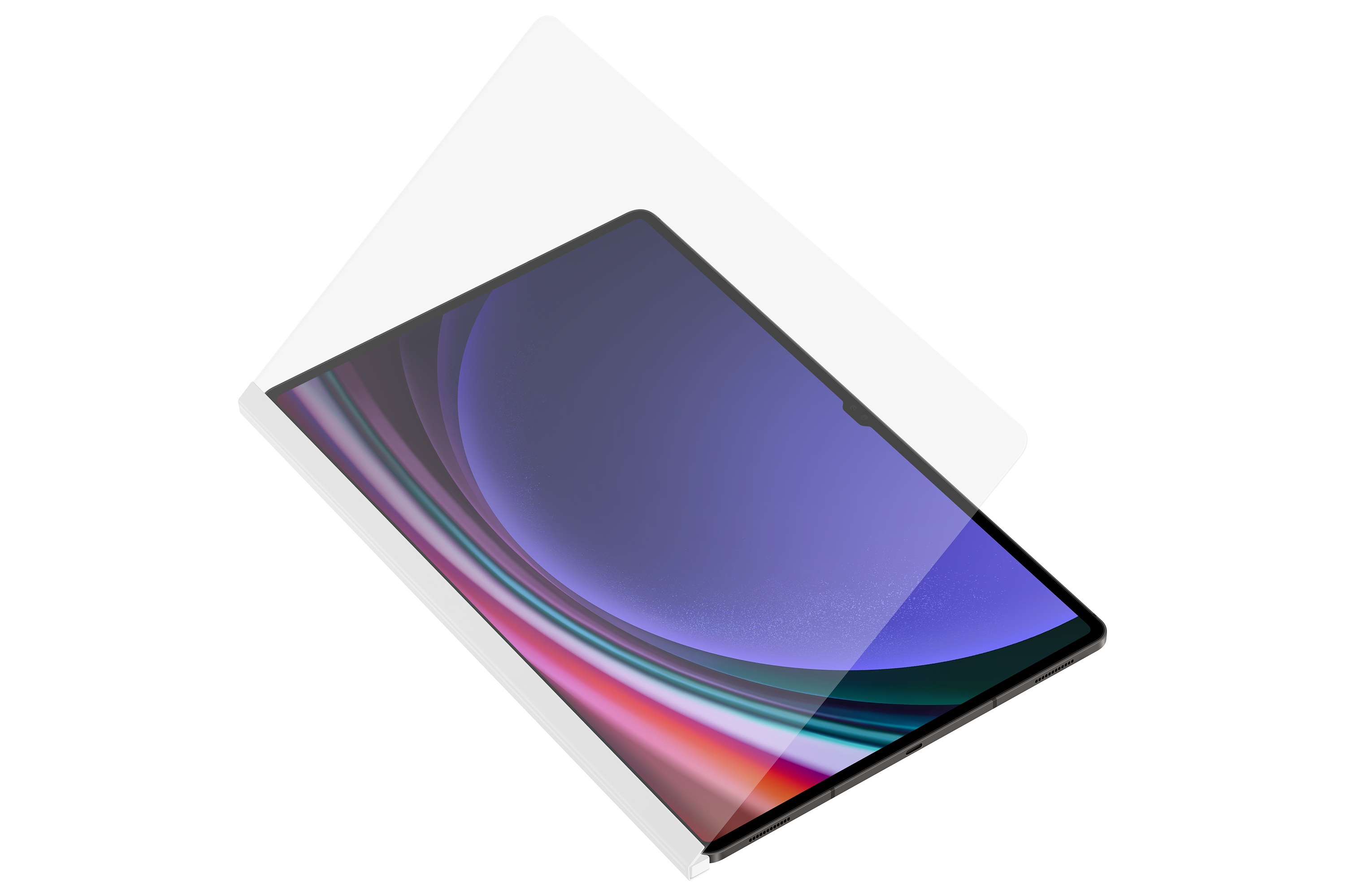 Un tablet con schermo vibrante, leggermente angolato, poggia sul bianco. Sopra c'è una protezione schermo trasparente.
