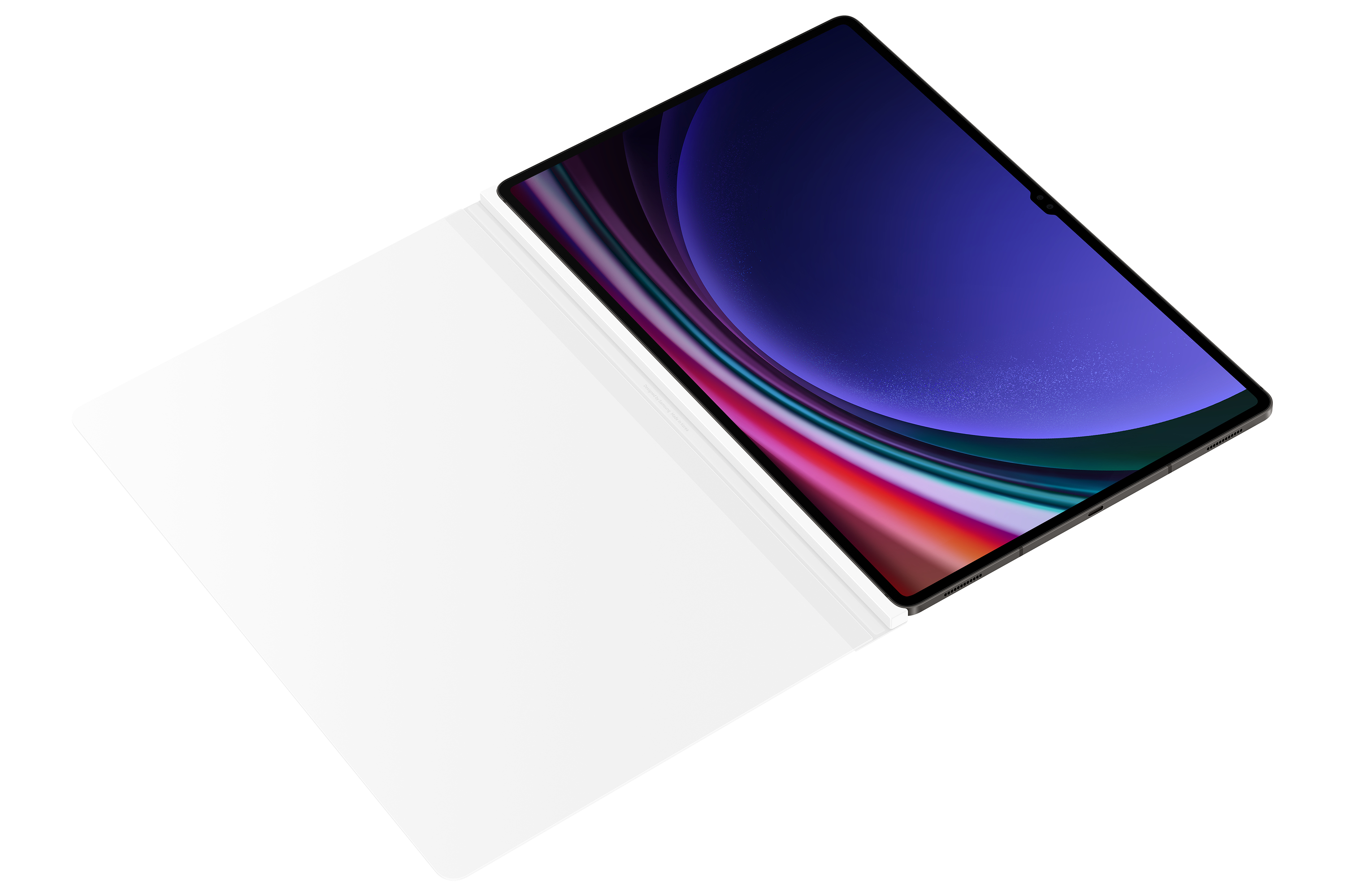 Un tablet con schermo colorato è aperto su una superficie bianca. La custodia è aperta, che proietta un'ombra.
