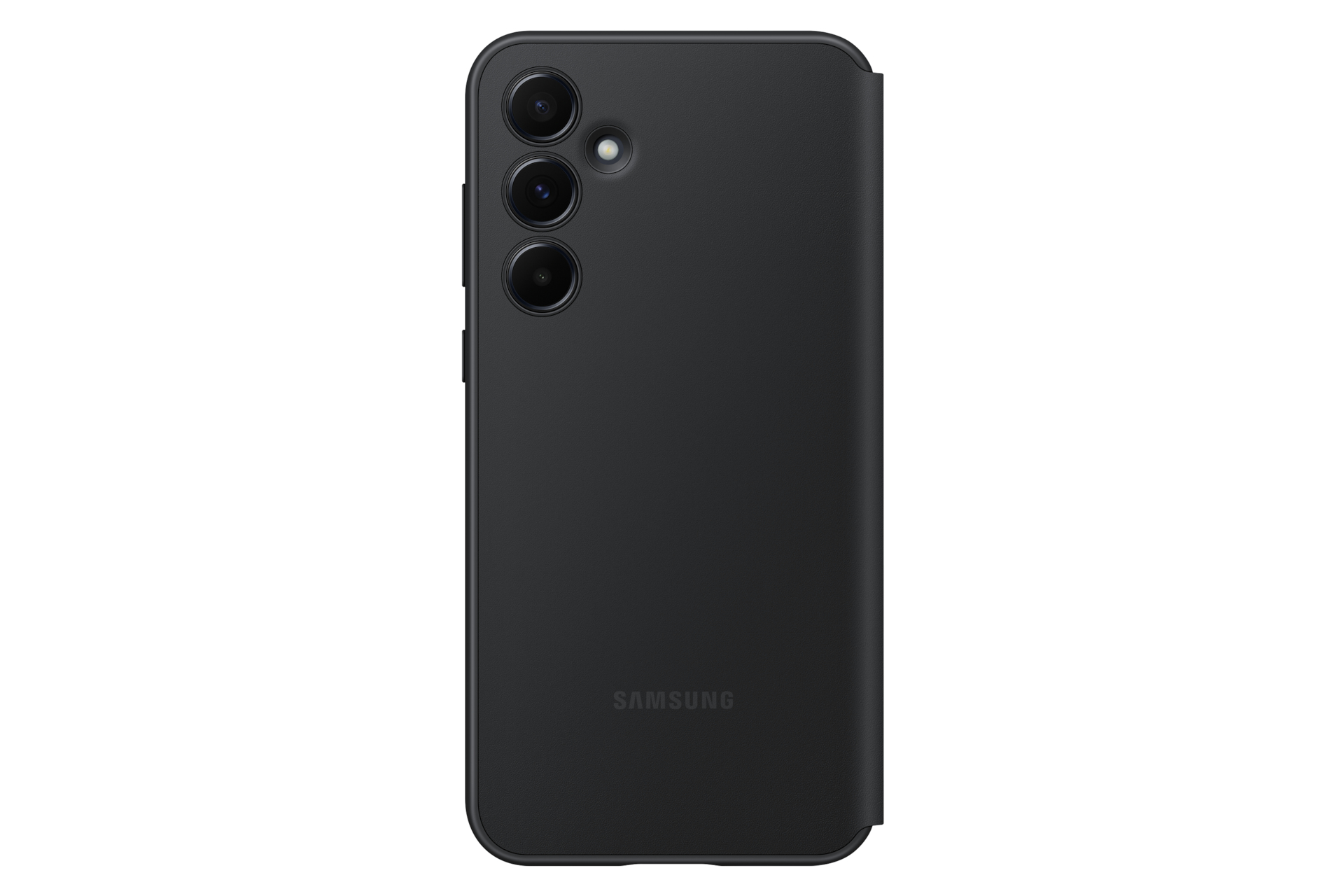 Schwarze Smartphone-Rückseite mit drei Kameralinsen und Blitz. Das Samsung-Logo ist sichtbar.