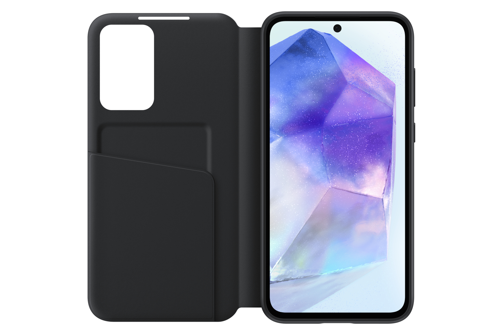 Geöffnete schwarze Handyhülle mit Handy. Bildschirm mit blauem, lila und weißem Weltraumbild. Hülle hat eine Kartenfach.