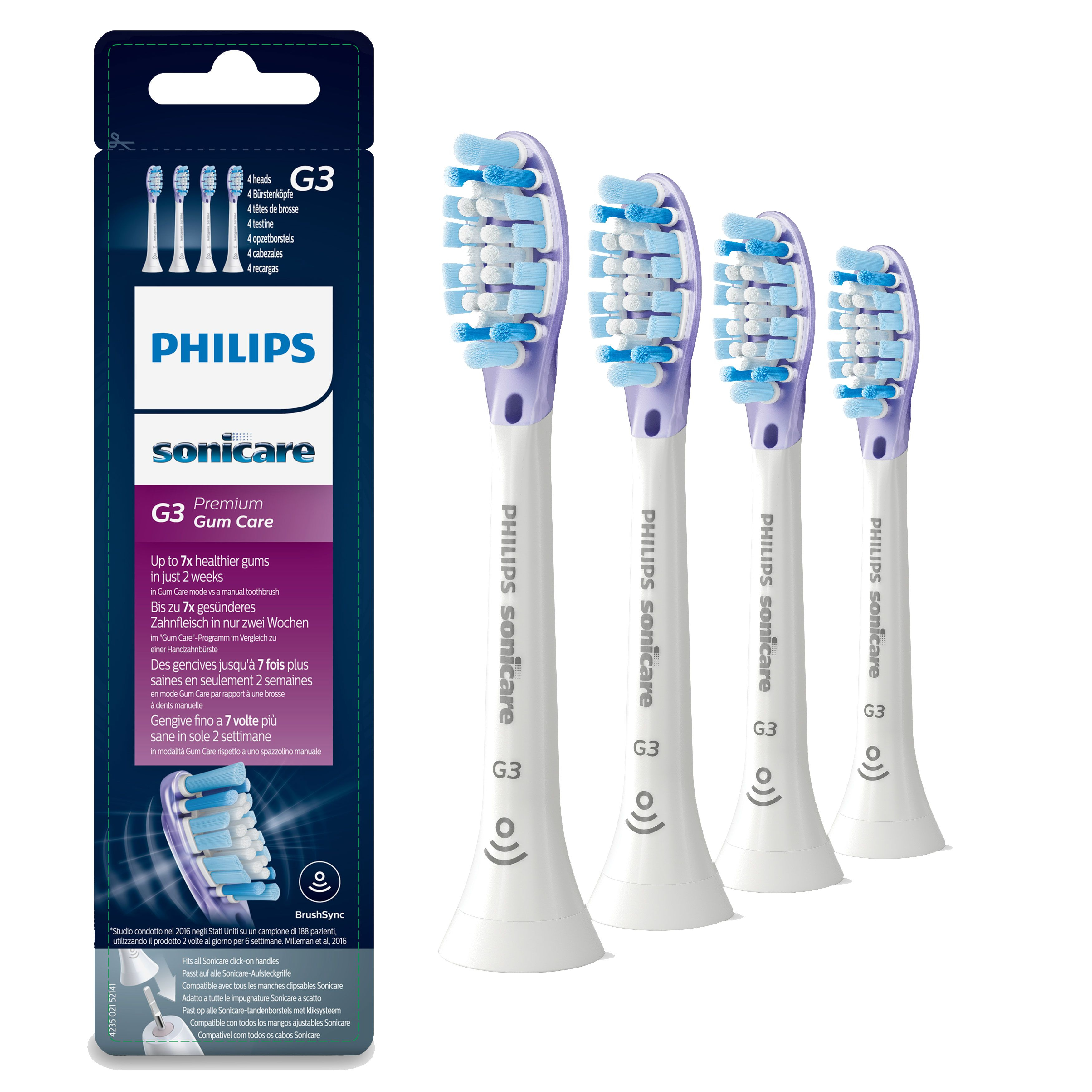 Cztery głowice szczoteczki do zębów Philips Sonicare G3 z białym i fioletowym włosiem, obok pudełka.