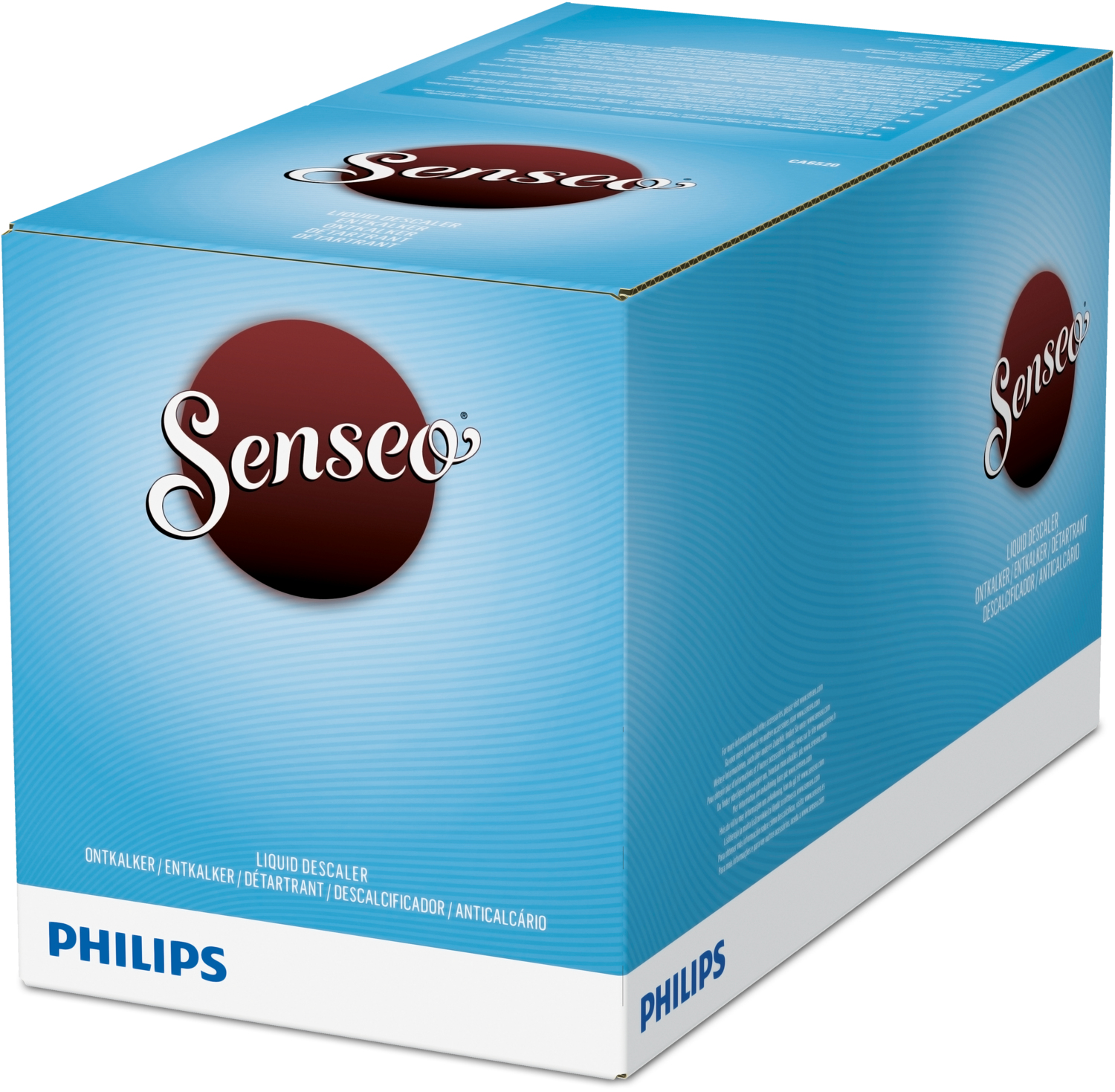 Una scatola blu e bianca di anticalcare liquido Senseo. La scatola presenta il logo Senseo e il marchio Philips.
