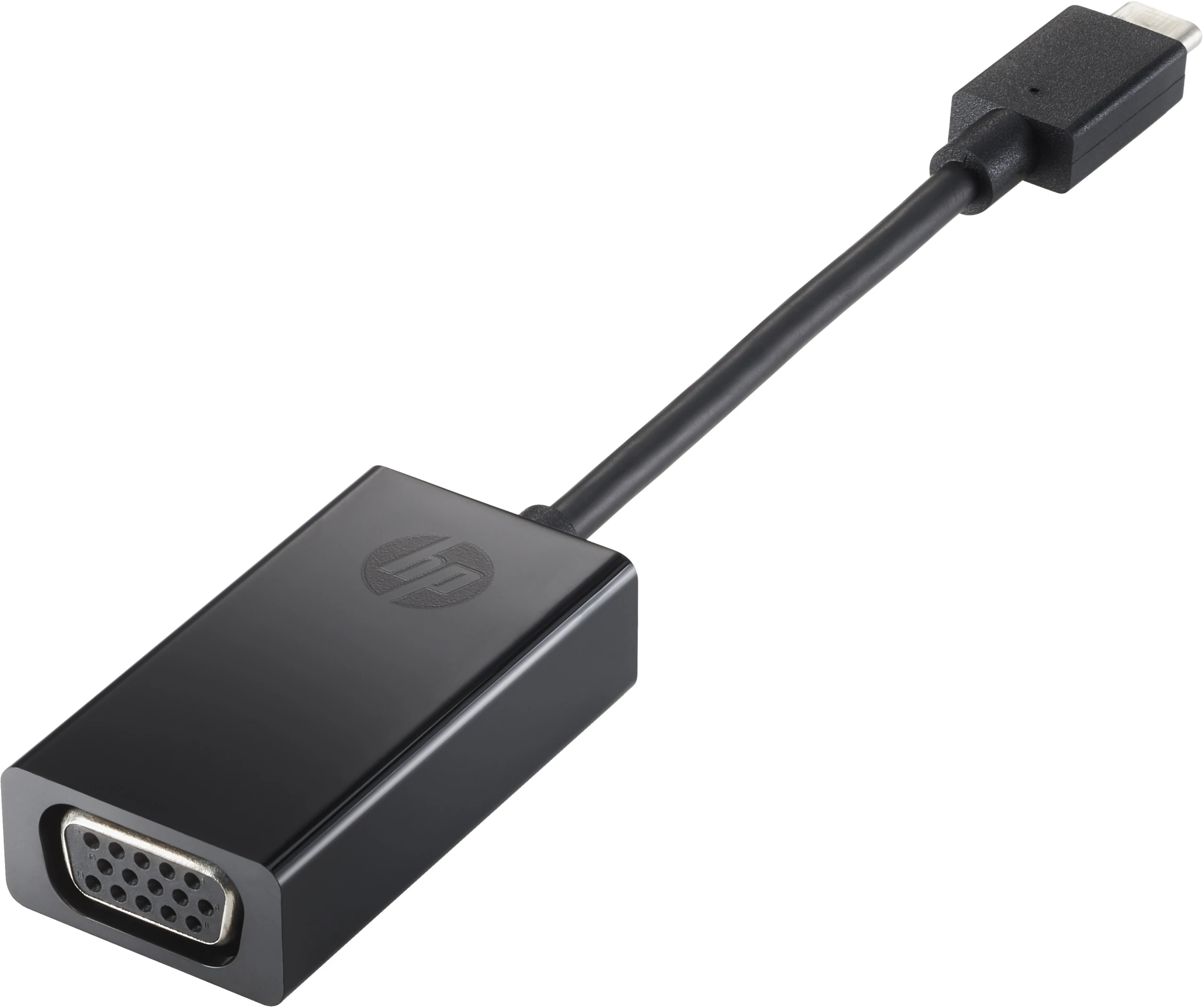 Adaptador HP negro con conectores VGA y USB-C. Tiene un cable negro y una superficie negra brillante.