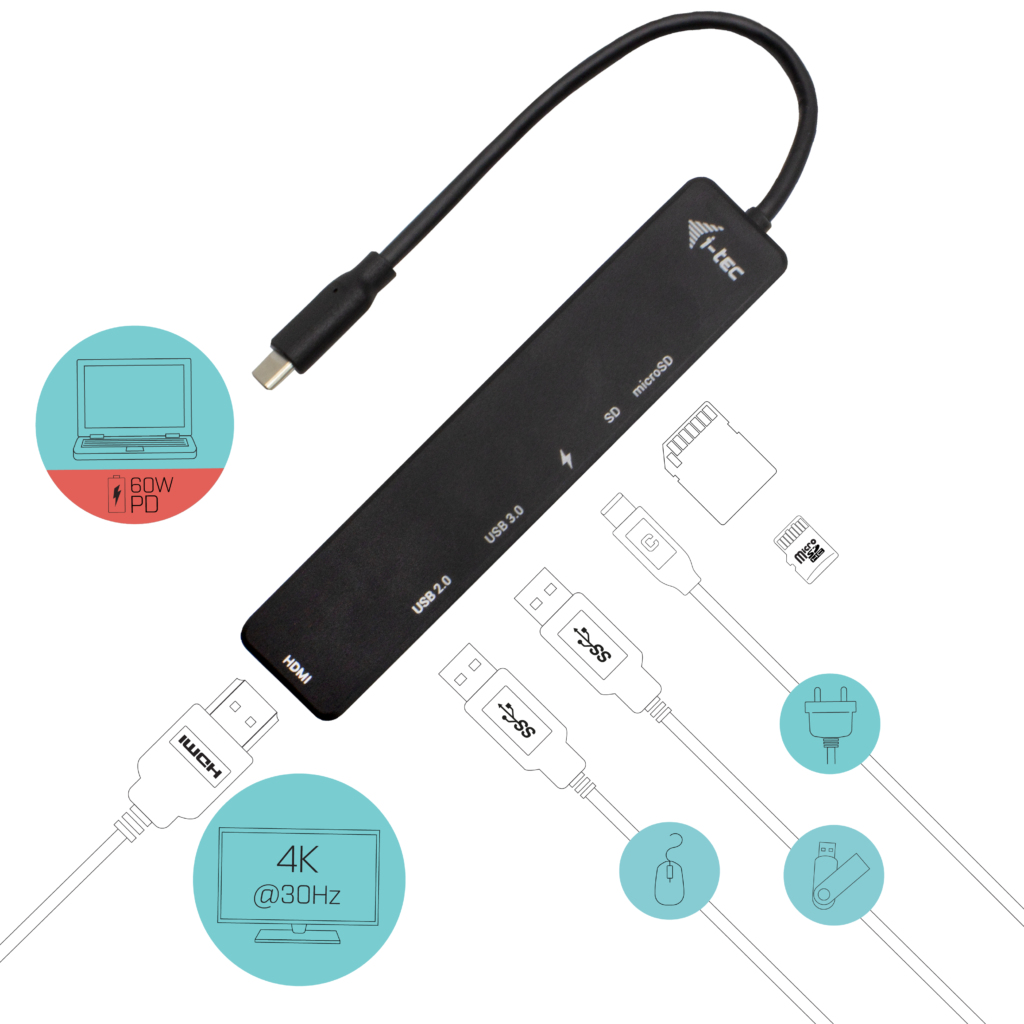 Hub USB-C nero con più porte: HDMI, USB 2.0, USB 3.0, SD, microSD. Le icone mostrano un laptop, un monitor e altri dispositivi.