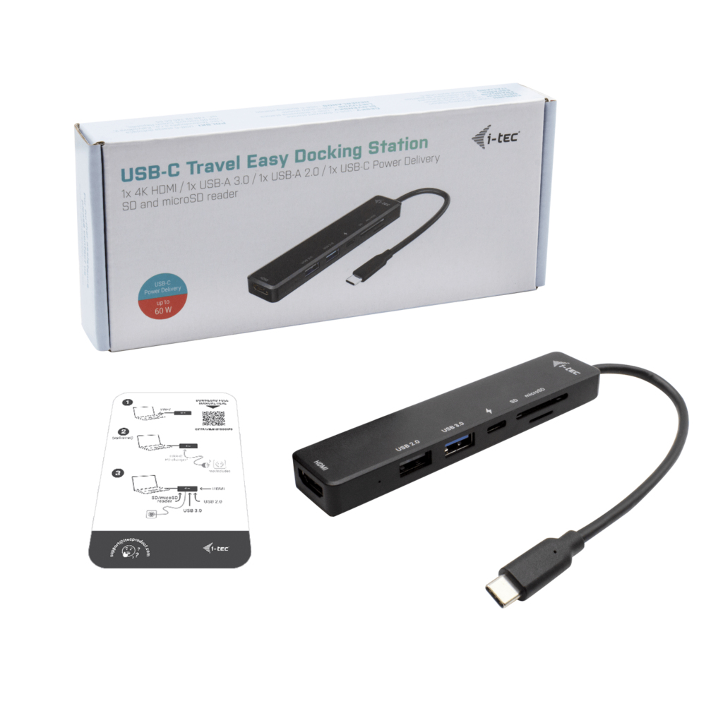 Una docking station USB-C nera con varie porte, una scatola con testo e un diagramma. La stazione ha un cavo e un connettore USB-C.