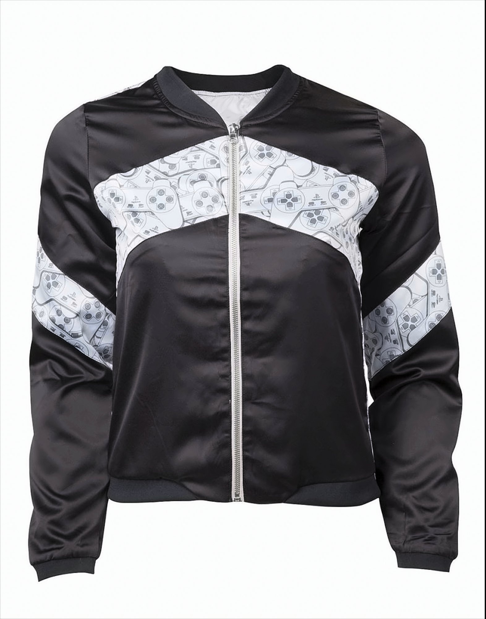 Schwarze Satin-Bomberjacke mit weißem Controller-Print auf Brust und Armen. Mit Reißverschluss, schwarzem Kragen und Bündchen.