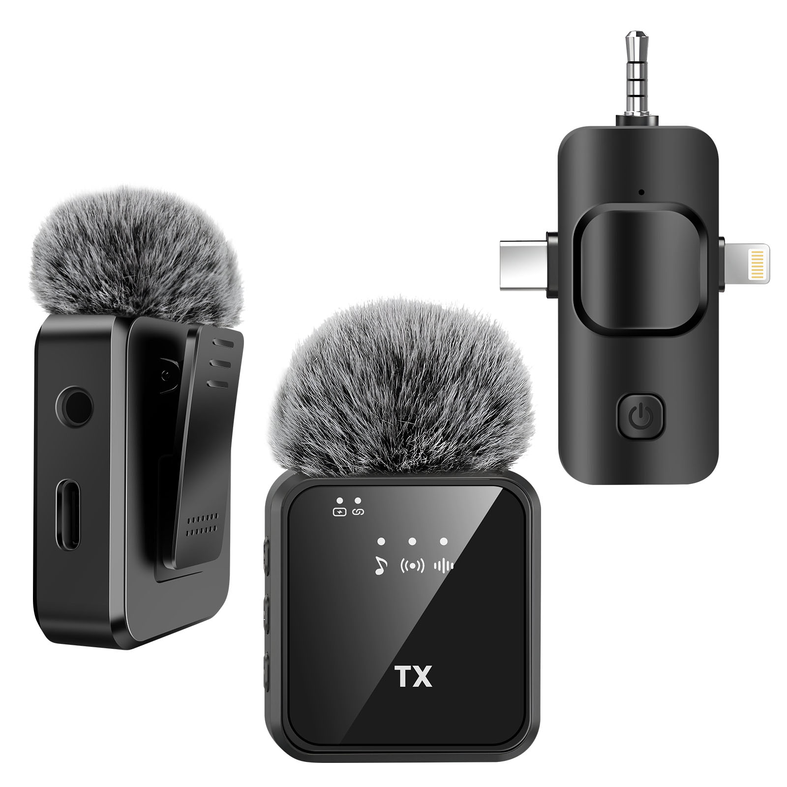 Tre microfoni wireless neri con parabrezza grigi e soffici. Uno ha una clip, uno un connettore e l'ultimo uno schermo.