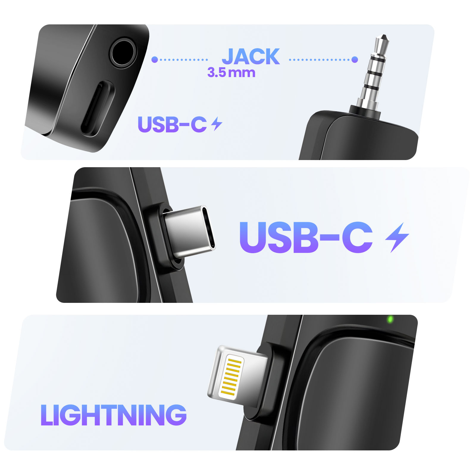 L'immagine mostra adattatori: jack da 3,5 mm, USB-C e Lightning. Ogni connettore è nero. Il testo etichetta ogni tipo con una sfumatura.