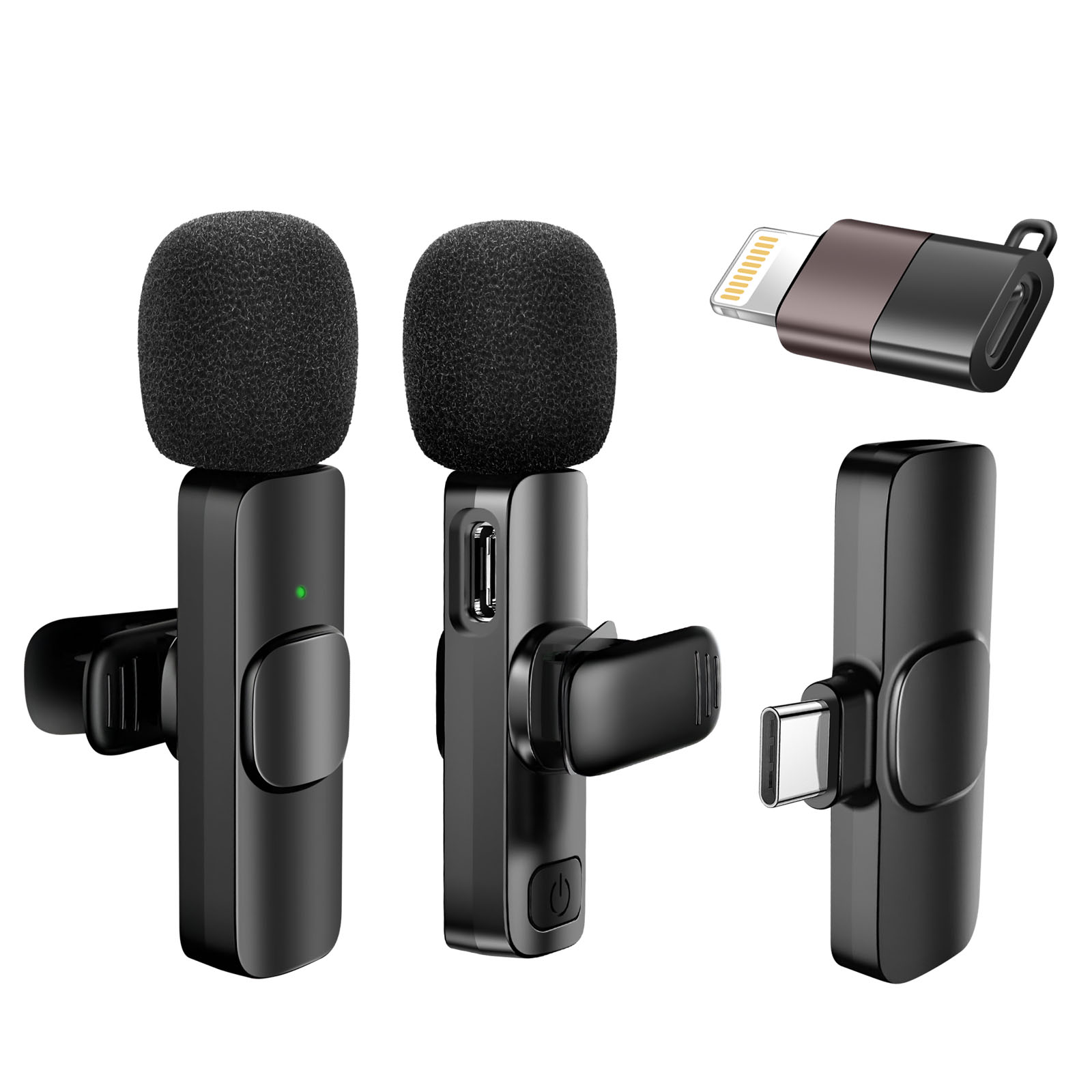 Schwarze drahtlose Mikrofone mit Schaumstoffabdeckungen, USB-C-Anschluss und Lightning-Adapter auf weißem Hintergrund.