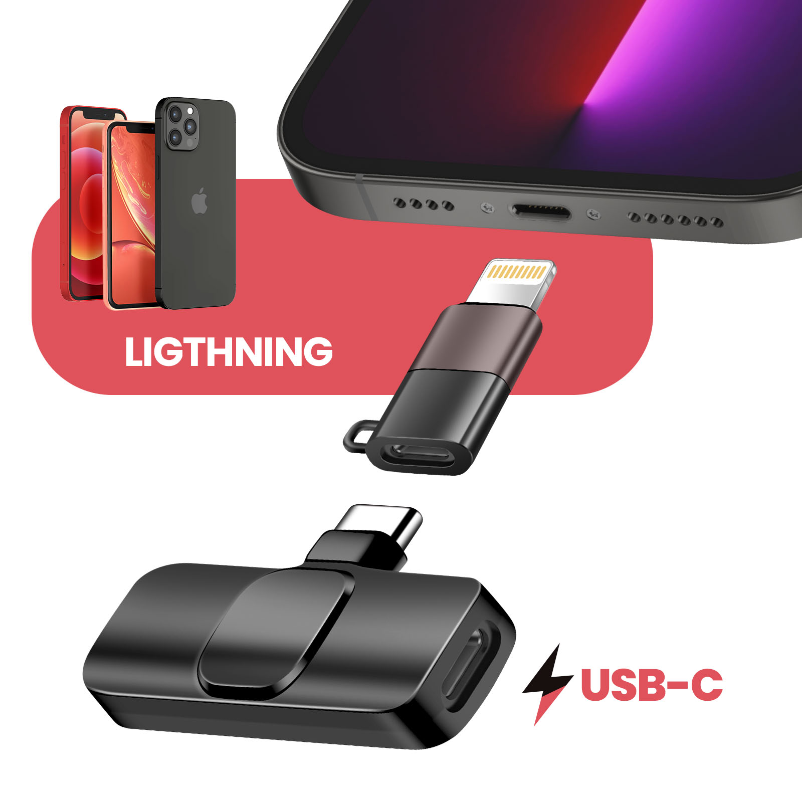 Das Bild zeigt iPhones, Lightning- und USB-C-Adapter. Rot-schwarzes Farbschema. Text: LIGHTNING und USB-C.