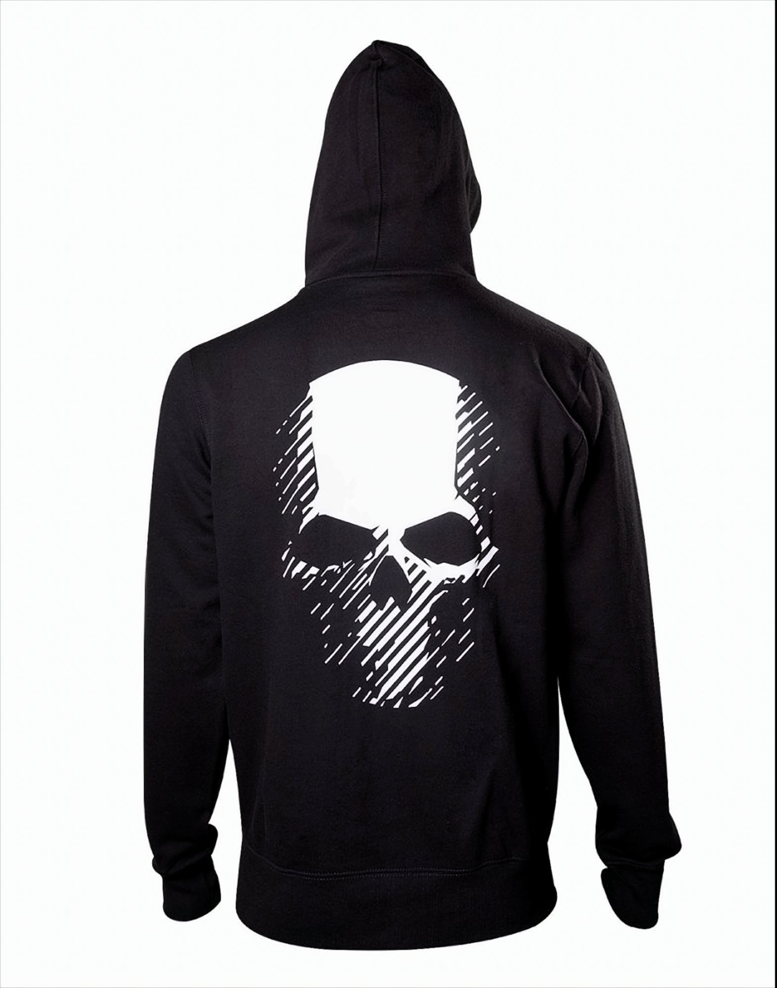 Schwarzer Hoodie mit weißem Totenkopf-Design auf dem Rücken. Die Kapuze ist hochgezogen. Der Hintergrund ist weiß.