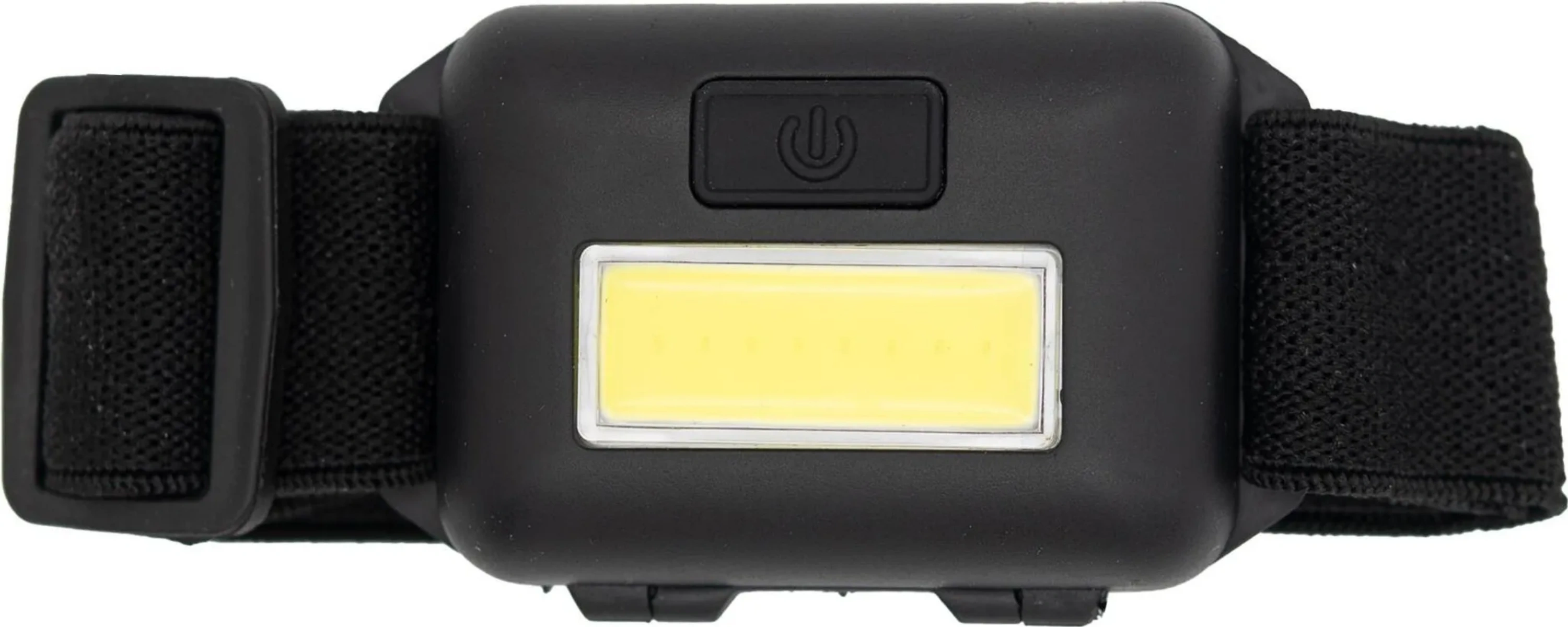 Eine schwarze Stirnlampe mit rechteckigem Licht und Ein-/Aus-Taste. Sie hat einen schwarzen, verstellbaren Riemen.