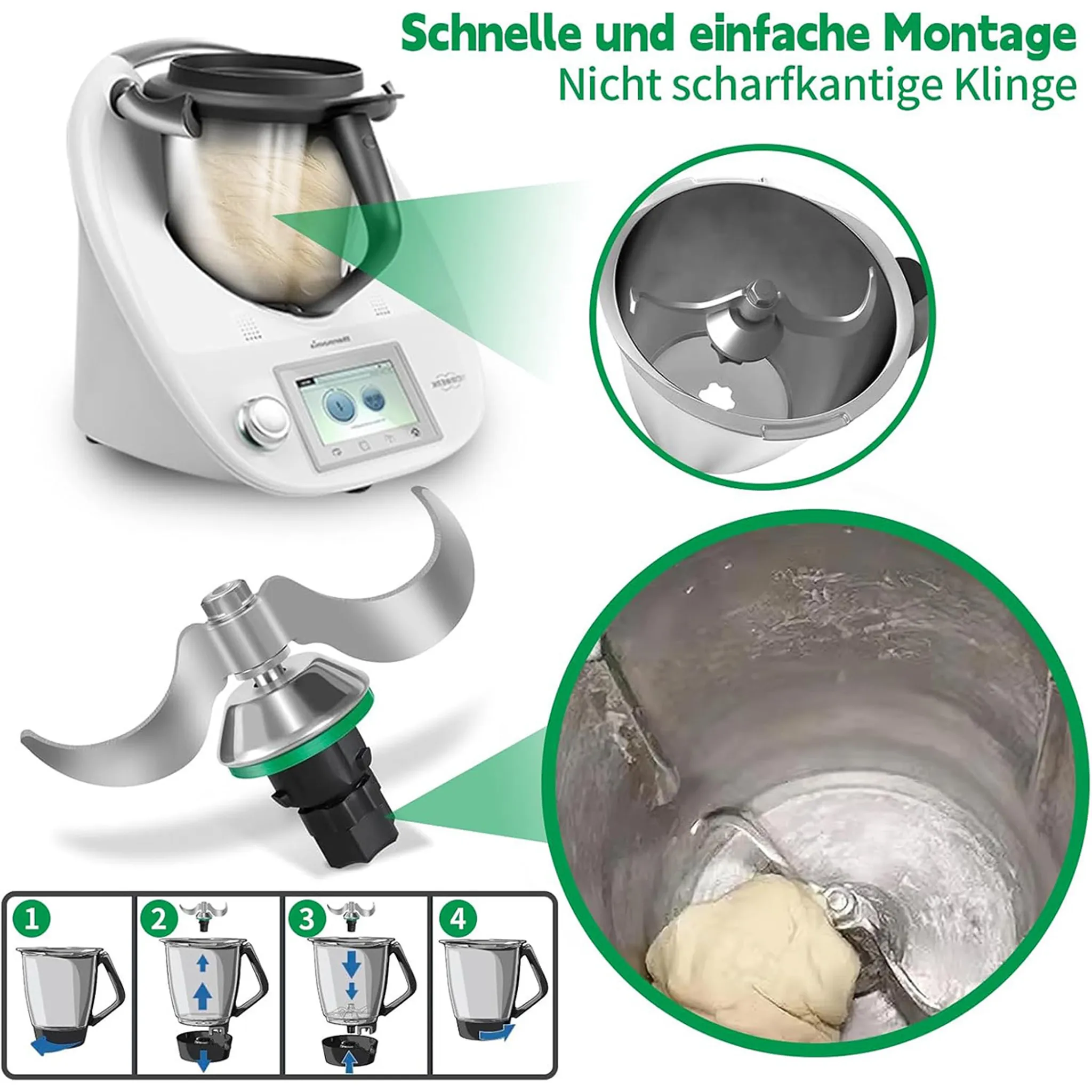 Ein weißes Küchengerät mit Bildschirm, Klingen und Teig. Diagramme zeigen Montageschritte.