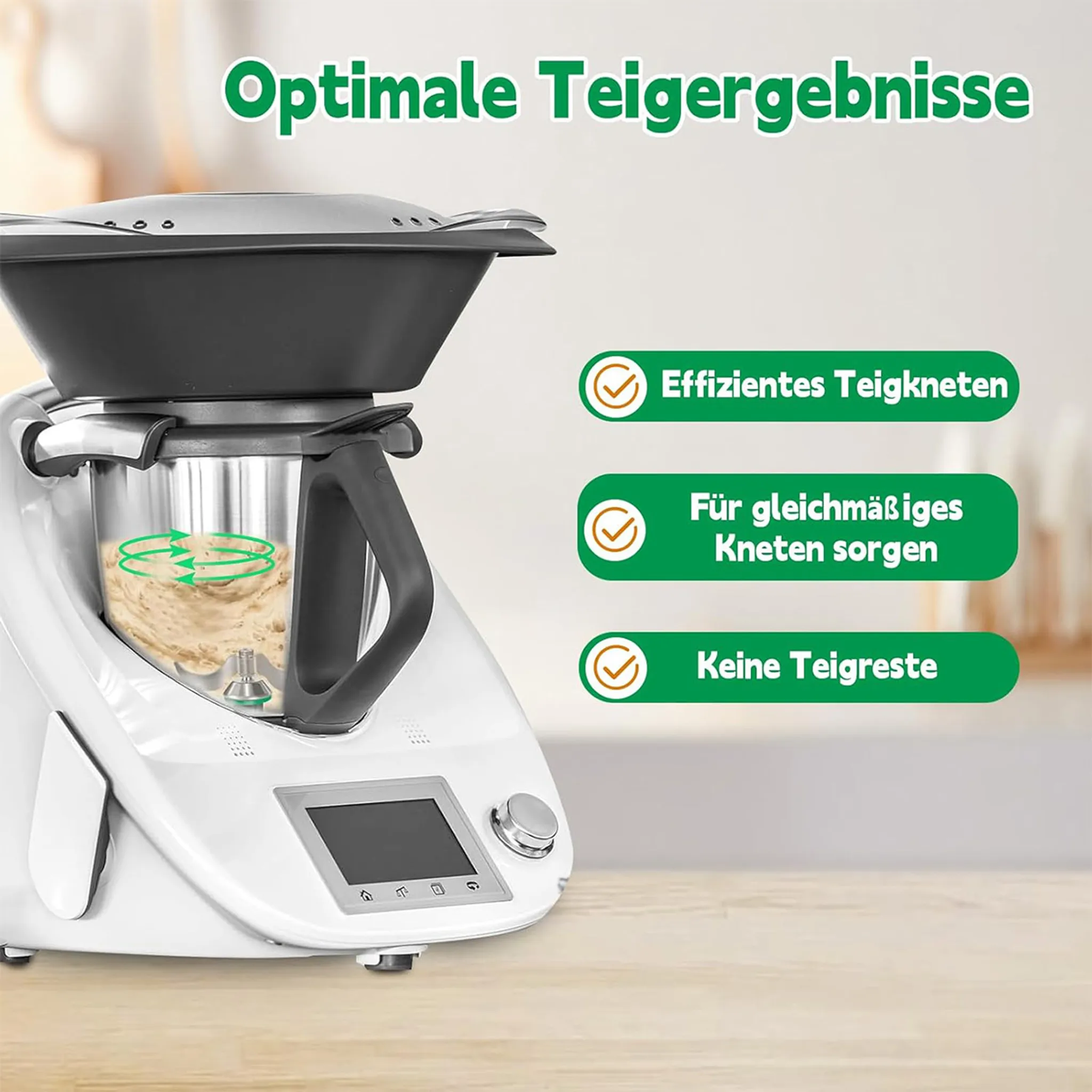 Weißes Küchengerät mit schwarzem Deckel, knetet Teig. Text sagt optimale Teigergebnisse.