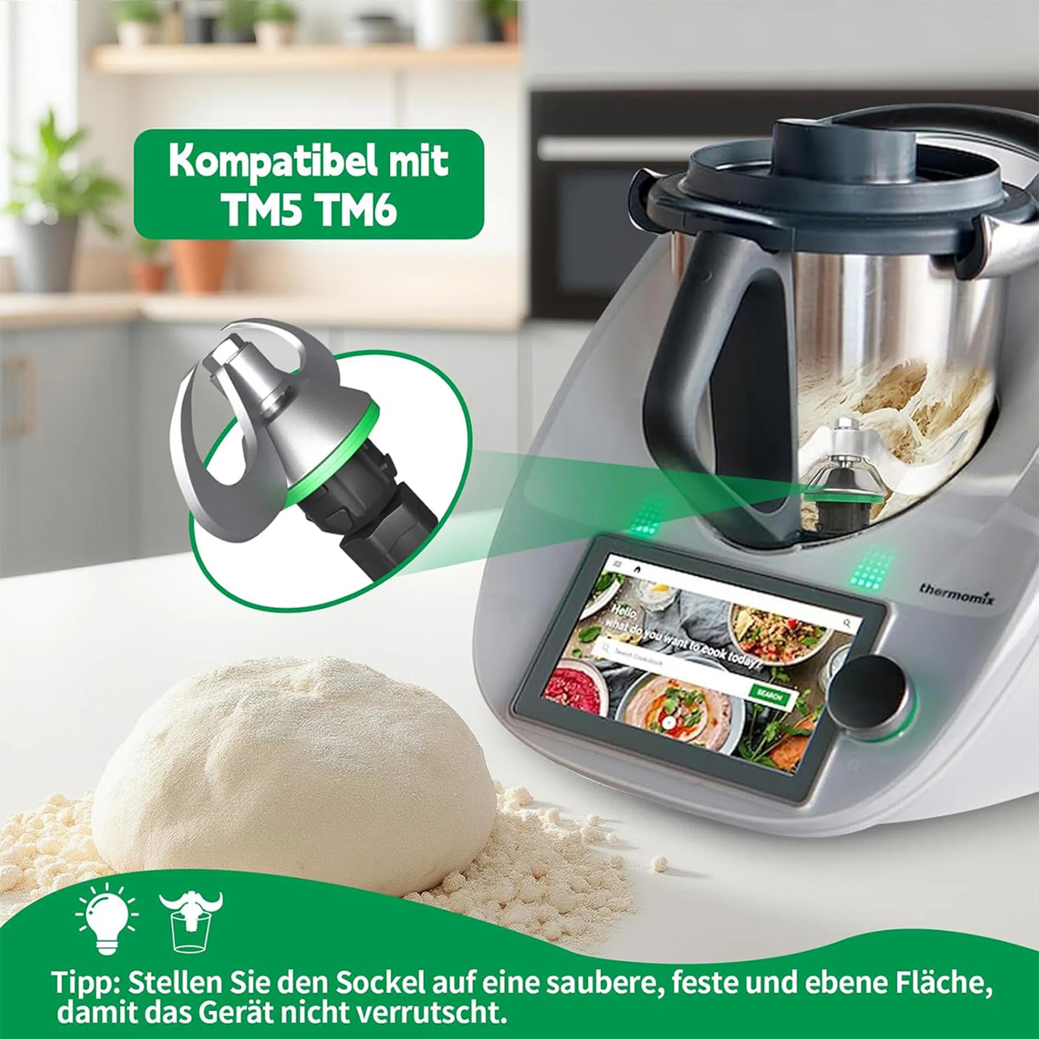 Ein Foodprozessor mit Teig, einem grünen Akzent und einem Bildschirm mit Rezepten. Text: 'Kompatibel mit TM5 TM6'.
