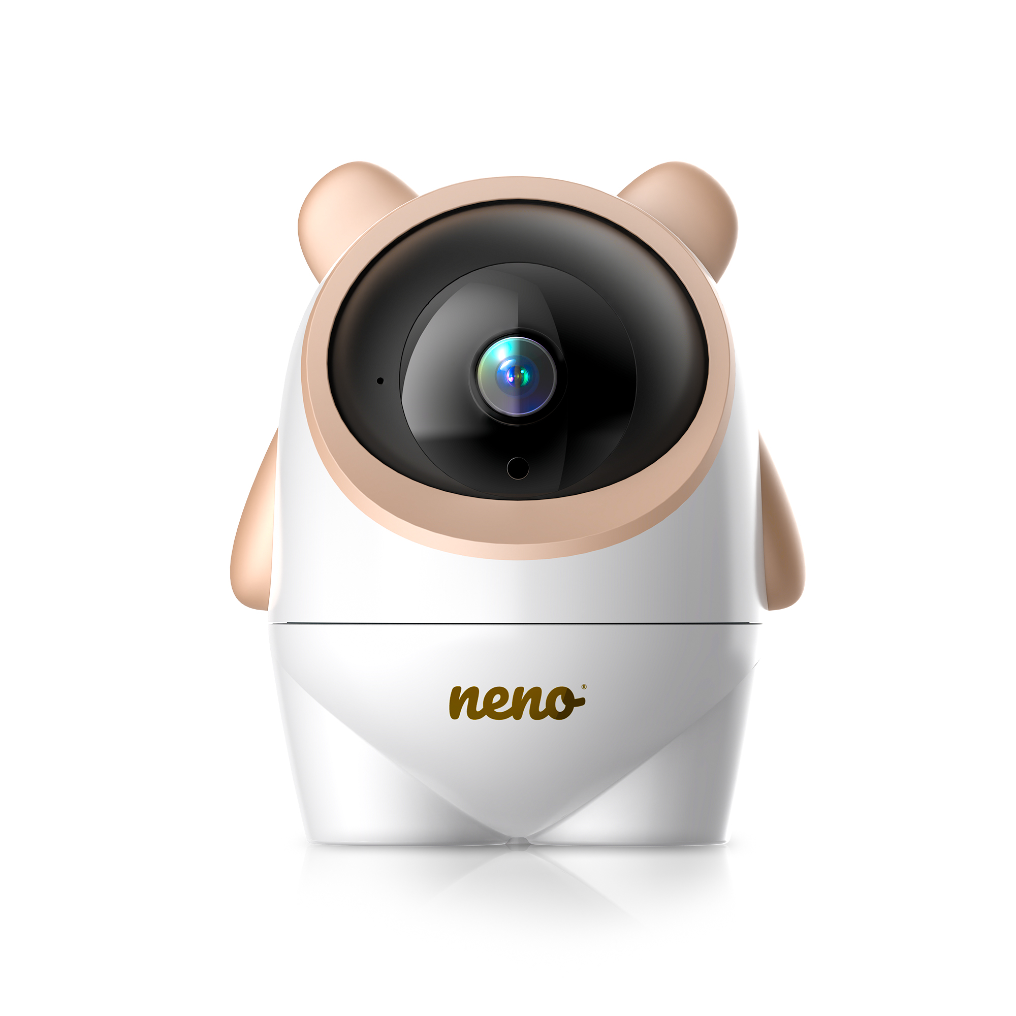 Un baby monitor bianco e beige a forma di orso. L'obiettivo è nero. Il marchio 'neno' è scritto in basso.