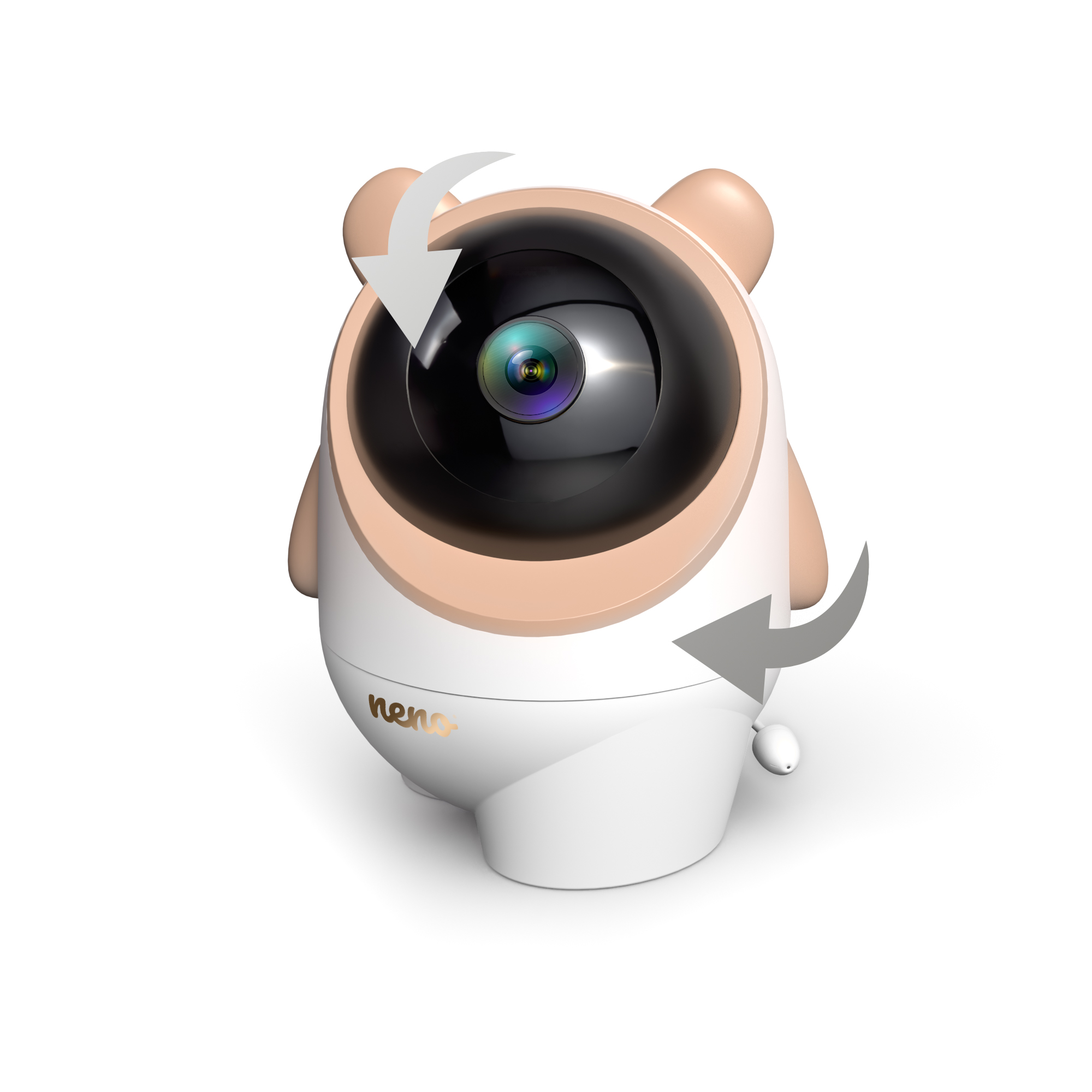 Un baby monitor bianco a forma di orso con obiettivo della fotocamera. Le frecce indicano la rotazione. Il marchio 'neno' è visibile.