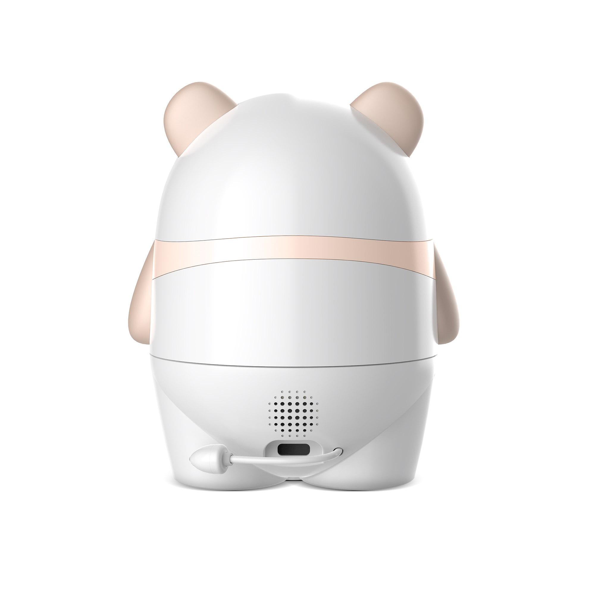 Un dispositivo bianco a forma di orso con accenti rosa. Ha due orecchie, una fascia al centro e una maniglia in basso.
