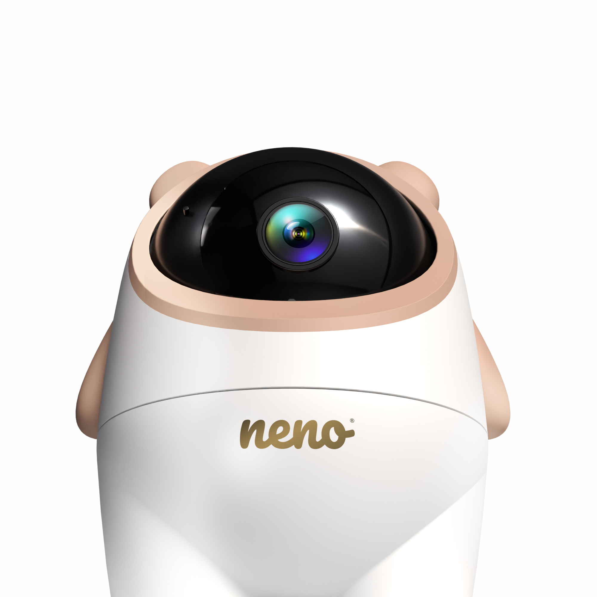 Una telecamera di sicurezza bianca e beige con lente nera e la scritta 'neno'.
