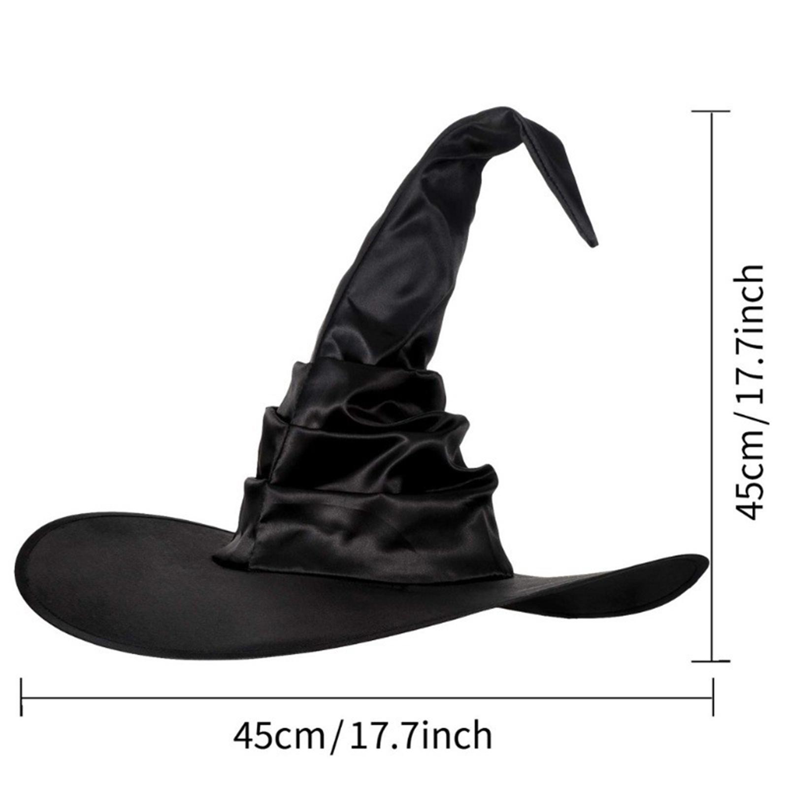 Ein schwarzer Hexenhut mit breiter Krempe und hohem, spitzem Kopf. Maße sind 45cm/17,7inch.