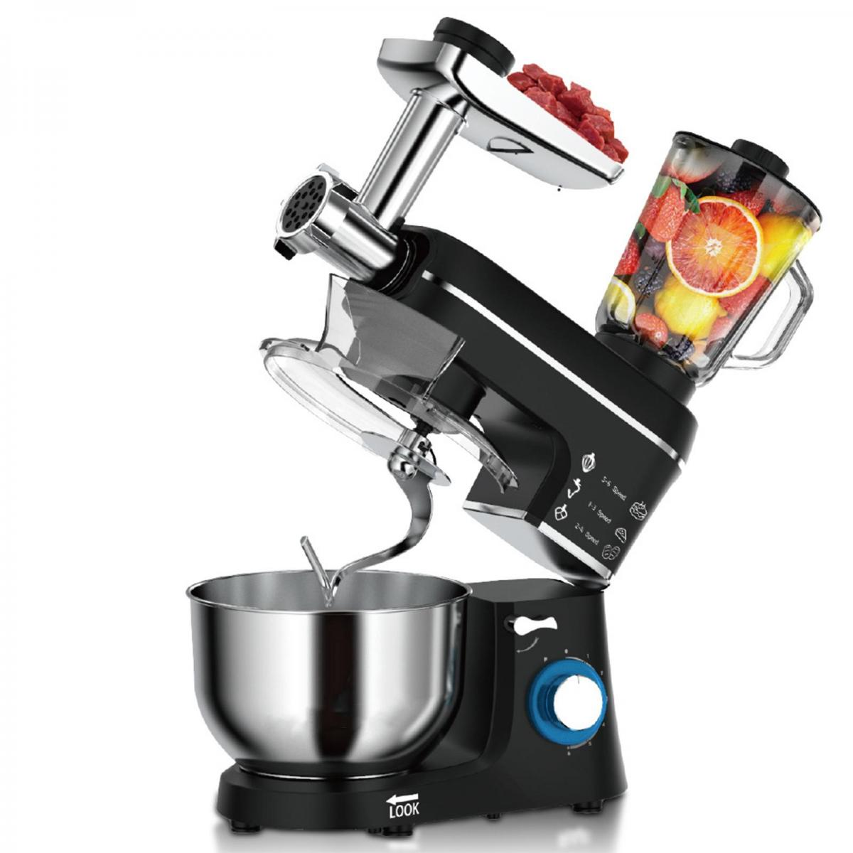 Ein schwarzes Küchengerät mit mehreren Aufsätzen: Fleischwolf, Mixer und Rührschüssel. Früchte sind im Mixer.