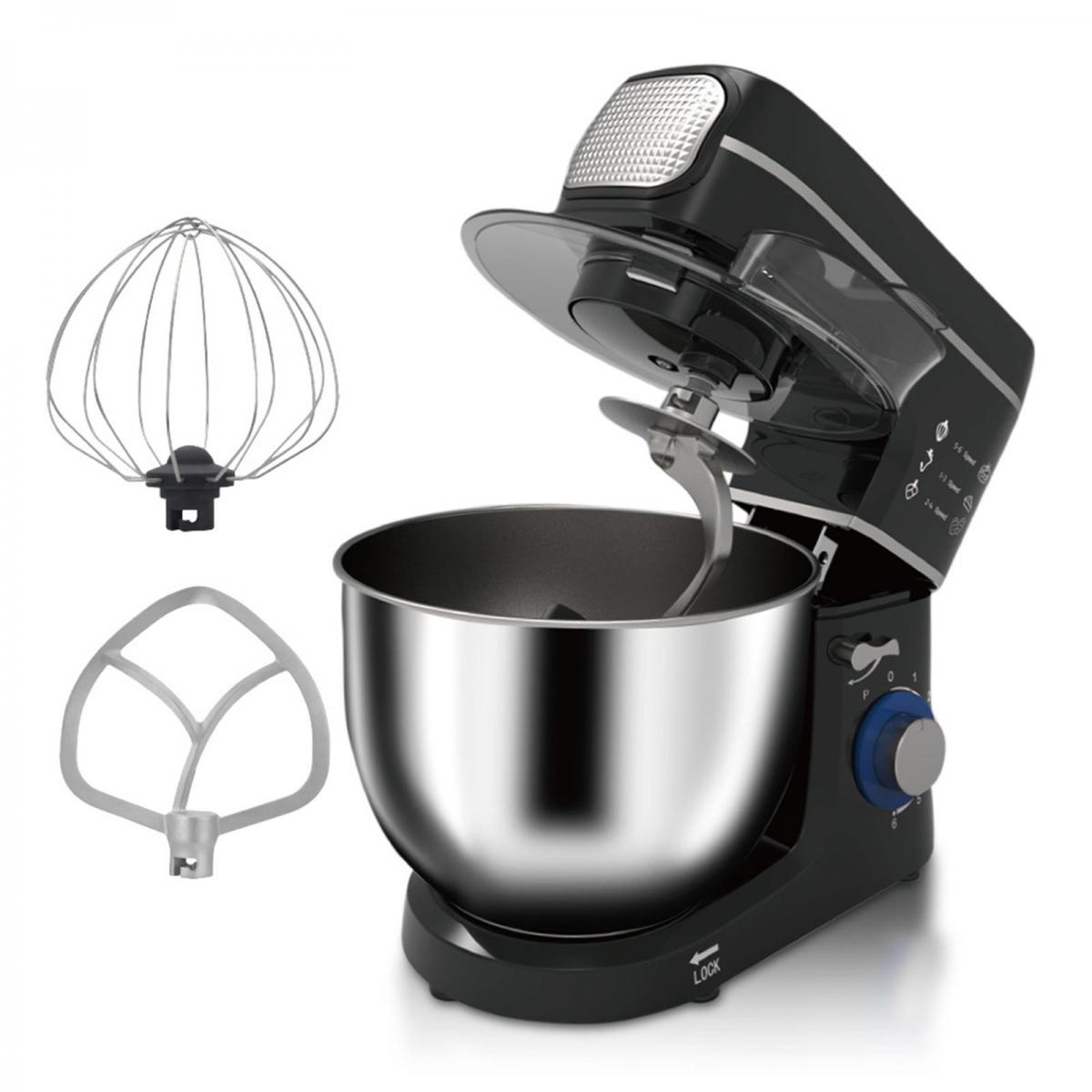 Ein schwarzer und silberner Küchenmixer mit Aufsätzen: Schneebesen, Rührbesen. Schüssel ist Edelstahl. Bedienelemente rechts.